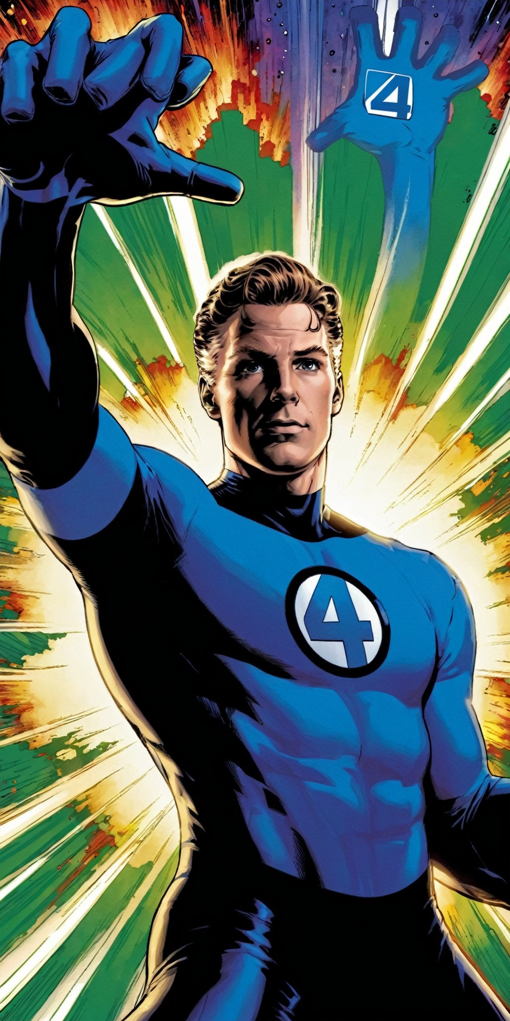 1boy,man stretching out his arms,multicolor_hair,explosion behind,Marvel,Hero,Mr_Fantastic_Four_Fantastic