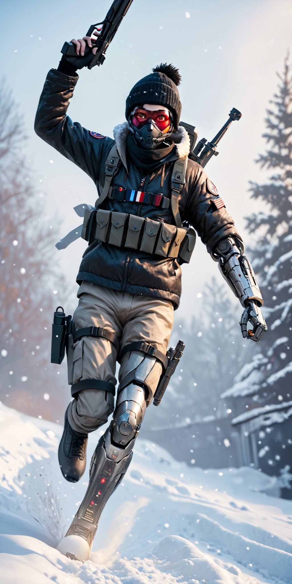 1girl,Winter_Soldier,solo,black hair,red eyes,knife,weapon,male focus,gun,mask,rifle,mechanical arms,animification,cyborg,single mechanical arm,knife,jumping,realistic,star \(symbol\),armor,science fiction,fingerless gloves,holding weapon,holding gun,prosthesis,prosthetic arm,mechanical arm,pants,jacket,cowboy shot,Winter Soldier,Prosthesis,Arm Prosthesis,Mechanical Arm