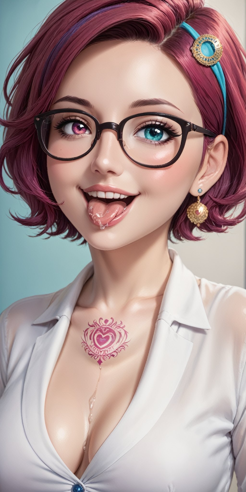 1baby,beautifull baby,parted_lips,pastel lips,heterochromia,great teeth,half open mouth,cute smile,beautifull and detailed eyes and face,dripping tongue,blushed face,short_hair,purple red hair,neck tattoo,medium earrings,medium_breasts,breasts up,small bandana,secretary glasses,