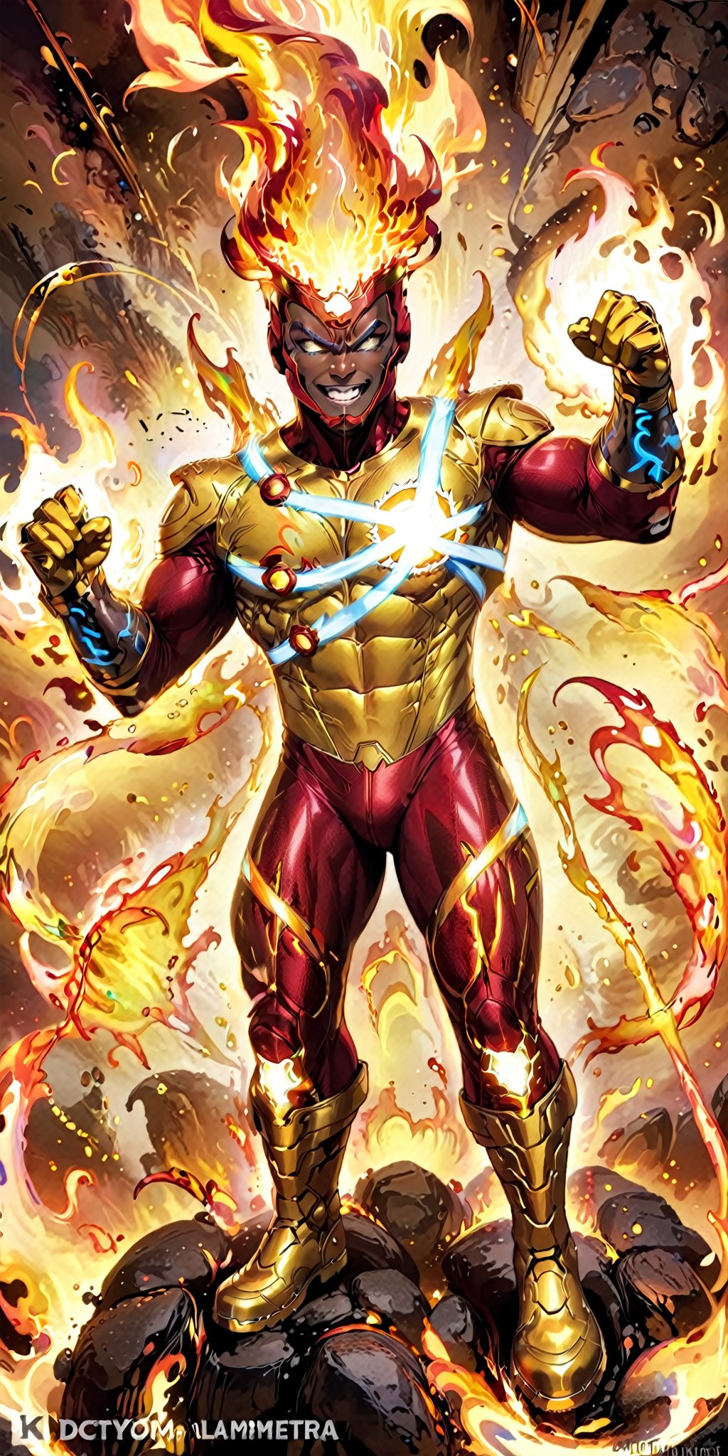 solo,1boy,male focus,dark skin,muscular,dark-skinned,fire,rainbow,superhero,fiery hair,red hair,boots,armor,bodysuit,superhero,red bodysuit,looking at viewer,gloves,teeth,glowing,helmet,clenched teeth,gold armor,molten rock,gloves,standing,full body,boots,signature,personification,yellow footwear,flame,yellow gloves,floating hair,glowing eyes,no pupils,clenched hands, aura, blue eyes, grin,quality 4k, quality 8k,high quality,DC,SuperHero, Firestorm_DC