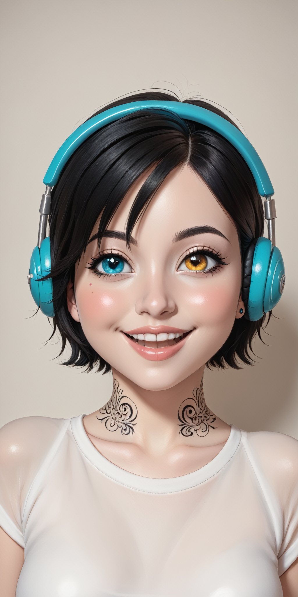 1baby,beautifull baby,parted_lips,heterochromia,great teeth,half open mouth,cute smile,beautifull and detailed eyes and face,nasal,nasal_piercing,blushed face,short_hair,black white hair,neck tattoo,medium earrings,medium_breasts,breasts up,small headphones,