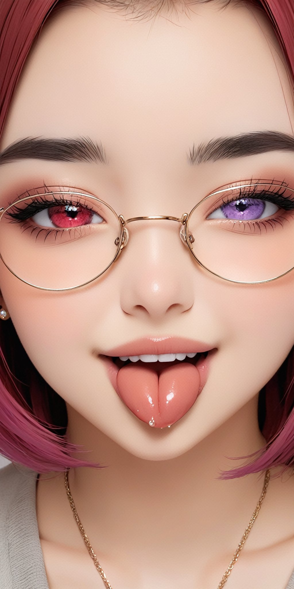 high quality,quality 4k,quality 8k,brown skin,1baby,beautifull baby,parted_lips,pastel lips,heterochromia,great teeth,mouth,mouth open,cute smile,beautifull and detailed eyes and face,aheago face,tongue,tongue out,cum mouth,dripping,short_hair,purple red hair,neck tattoo,medium earrings,medium_breasts,breasts up,secretary glasses,sweating,big necklace,medium close-up,hands on cheeks,