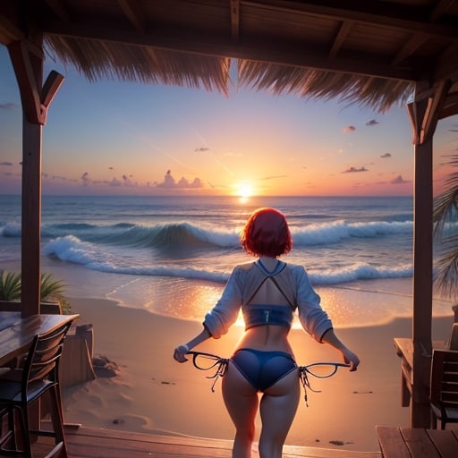 sunset, pretty woman, slim, toned body, medium butt, round butt, short red hair, watching the sunset, facing her, wearing glasses, white bikini