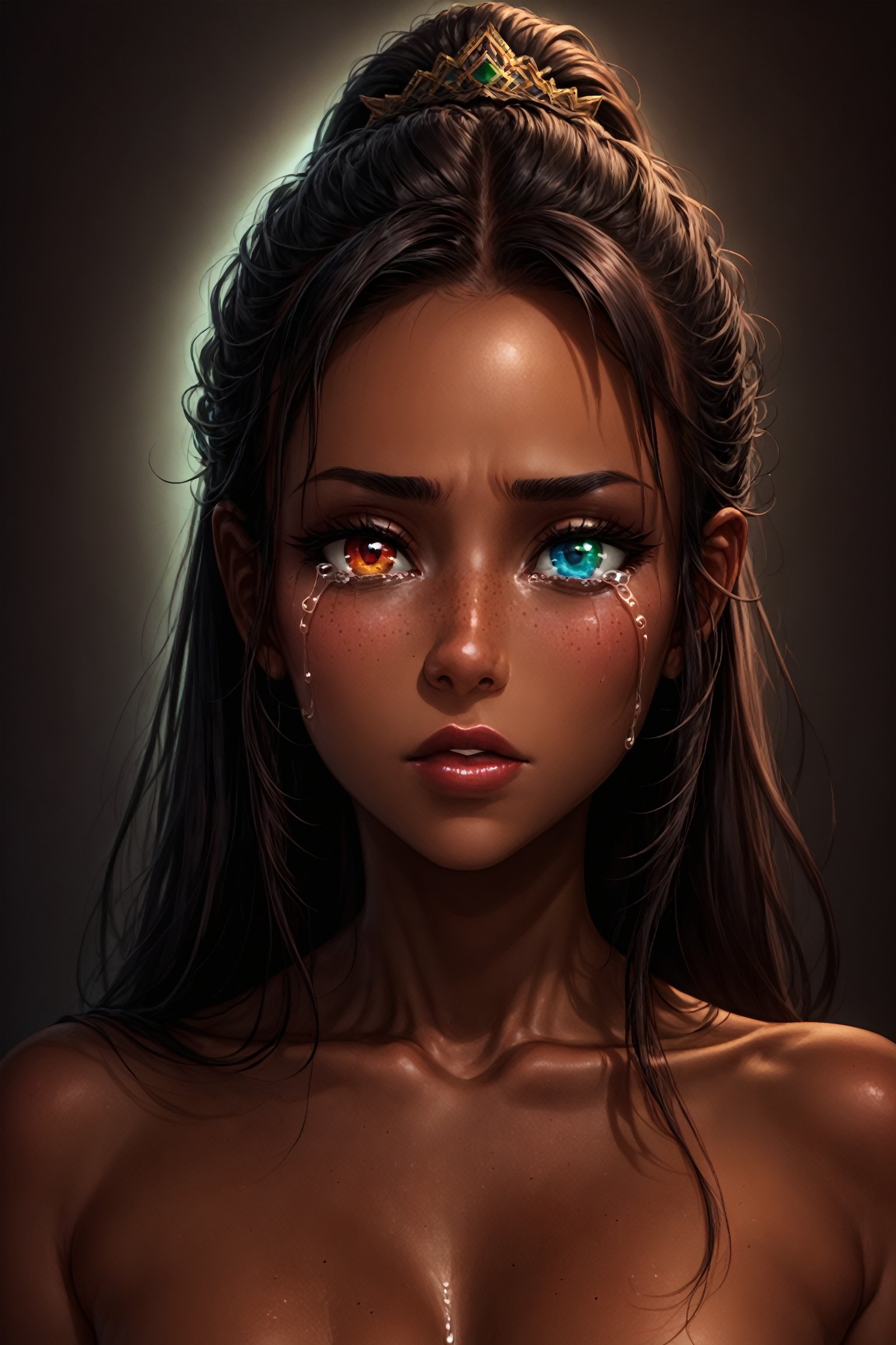 A woman, beautiful and detailed woman, black woman, black skin, african woman, beautiful and detailed eyes, tears in her eyes, heterochromia eyes, semi-close eyes, great detail in the tears, rimel of the eyes desalineated by crying, long hair green, ponytail_hair, freckles in the pins, sad face, desolate expression , red lips, decayed lips, tears for the pins and mouth, semi -open lips, discovered neck, collarbone, detailed clavicle, using black veil in the head, semi-down face,Heterochromia,Eye,Concept,Realistic