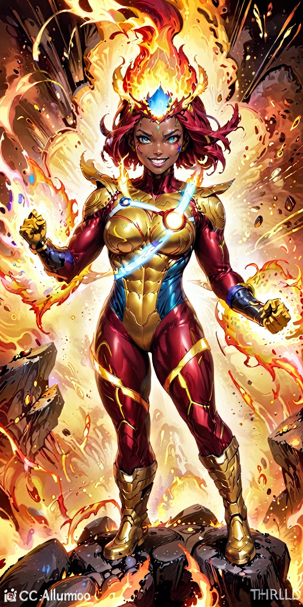 solo,1girl,female focus,dark skin,muscular,dark-skinned,fire,rainbow,superhero,fiery hair,red hair,boots,armor,bodysuit,superhero,red bodysuit,looking at viewer,gloves,glowing,helmet,clenched teeth,gold armor,molten rock,gloves,standing,full body,boots,signature,personification,yellow footwear,flame,yellow gloves,floating hair,glowing eyes,no pupils,clenched hands, aura, blue eyes, grin,quality 4k, quality 8k,high quality,DC,SuperHero, Firestorm_DC