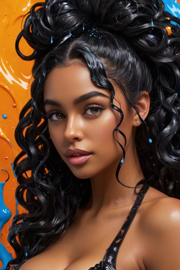 splash art, a quirky liquid portrait of a hauntingly beautiful model woman,black curly hair woman, dark skin woman, ligth eyes,splash style of paint, Pixar style, Halloween colors, hyper detailed intricately detailed, fantastical, intricate detail, splash screen, liquid, gooey, slime, splashy, fantasy, concept art, 8k resolution, masterpiece, melting, complex background, intricate detailed, dark colors, fantasy, concept art, digital art, intricate, oil on canvas, masterpiece, expert, insanely detailed, 4k resolution.,dripping paint