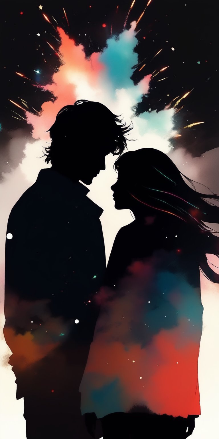 (a couple of a long hair girl and a boy 
 wathcing fireworks exploding in the night sky by Conrad Roset, Nicola Samori), (purposefully beautiful:1.4), vibrant colors against a black night sky, cinematic character render, 