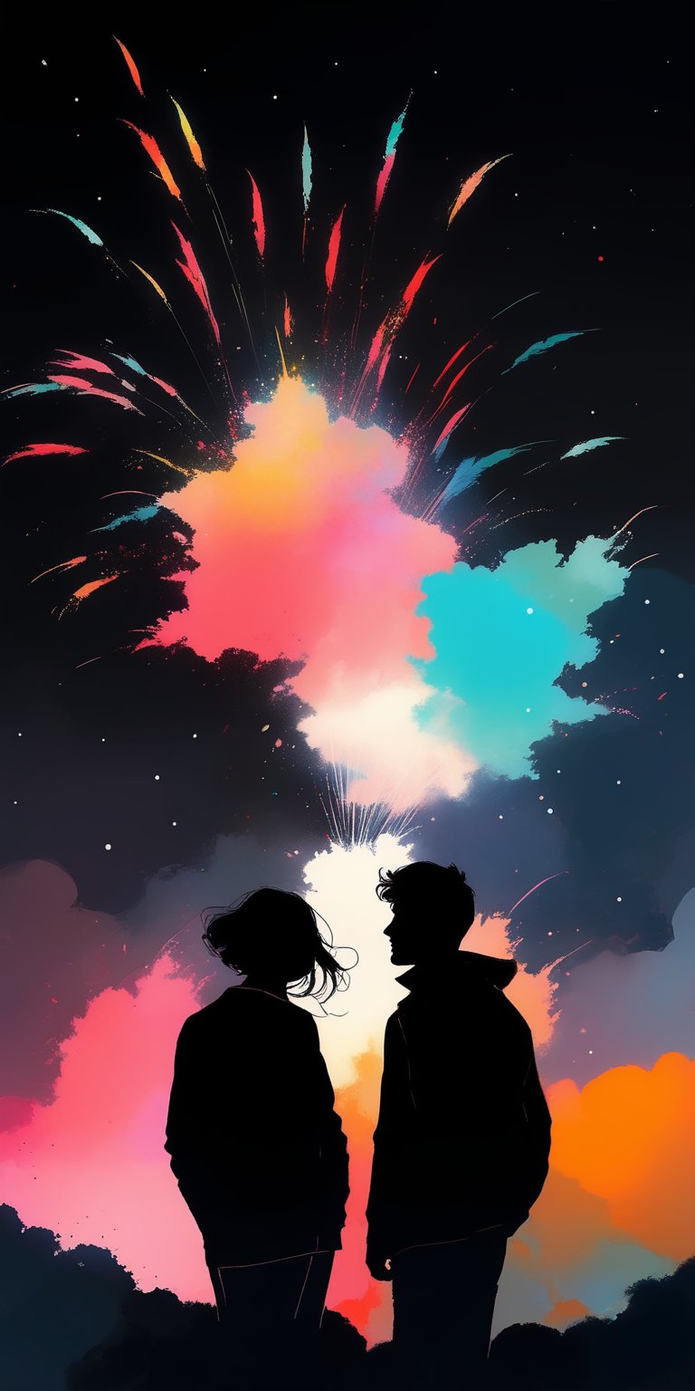 (a couple wathcing fireworks exploding in the night sky by Conrad Roset, Nicola Samori), (purposefully beautiful:1.4), vibrant colors against a black night sky, cinematic character render, 