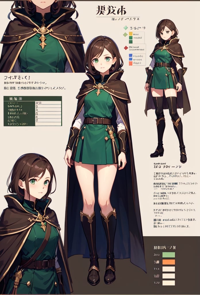 Joung Girl, one girl two poses, green eyes, ligth brown hair, fantasy brown and green clothes, brown cape, medium skirt, full body, fire emblen gba character, marck the tactician, basic colors, character sheet, withe background, nsfw, 