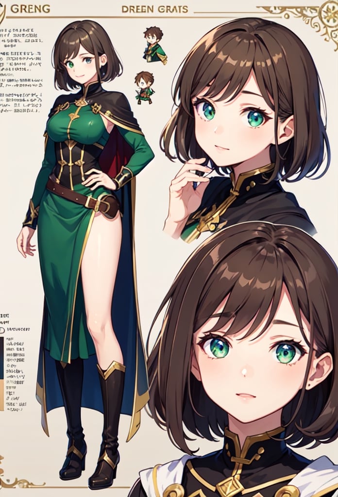 Joung Girl, one girl two poses, green eyes, ligth brown short hair, fantasy brown and green clothes, brown cape, medium skirt, full body, fire emblen gba character, marck the tactician, basic colors, character sheet, withe background, nsfw, 