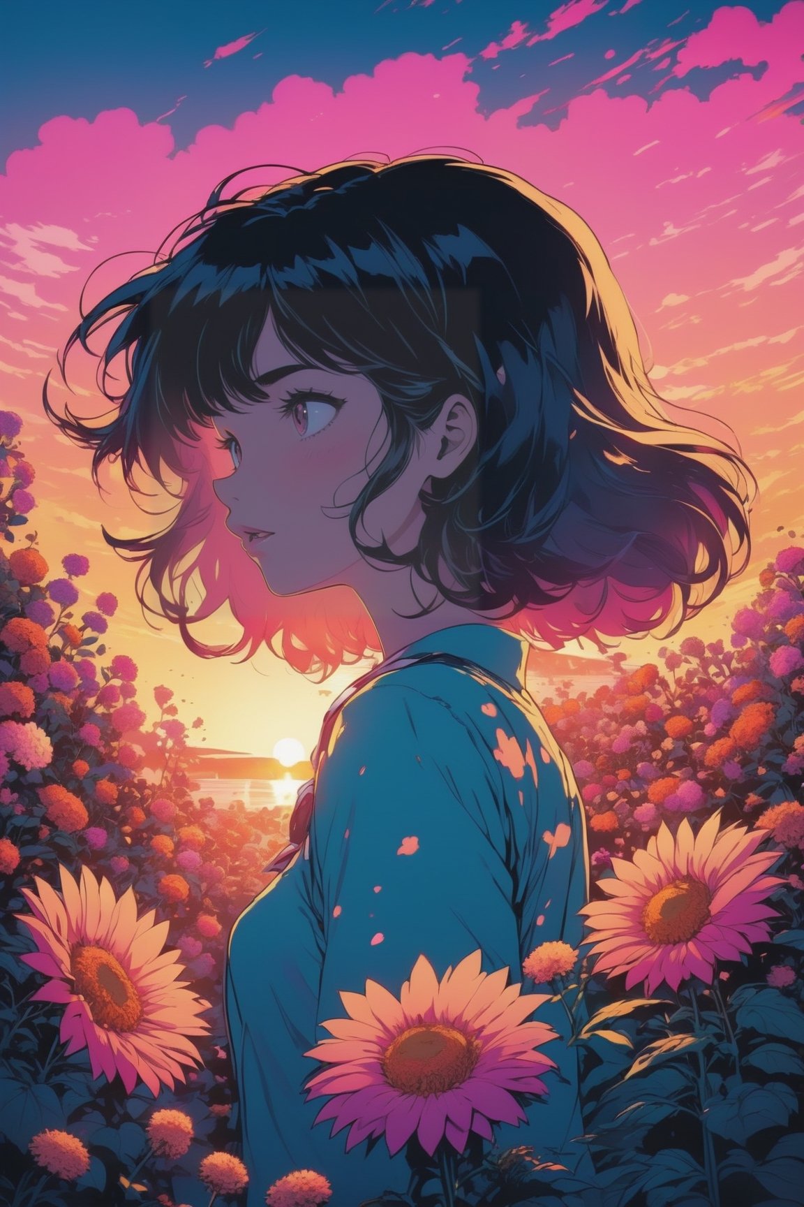 comic masterpiece,1girl, dense flowers, at Sunset, Bokeh, Horror, split lighting, Zoom lens , vibrant, highly detailed, moe,vaporwave style