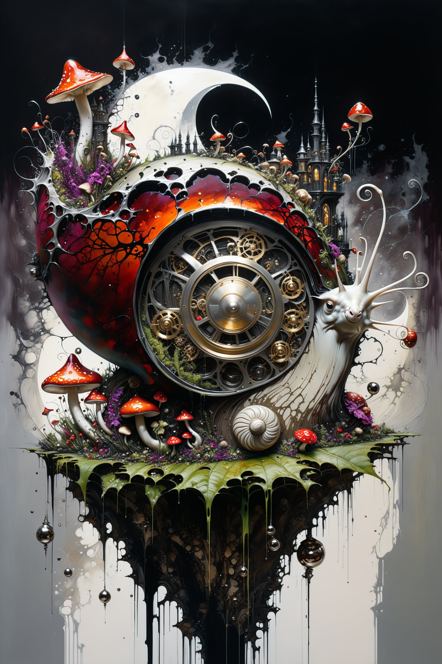 Ultra-wide-angle, photorealistic medieval gothic steam punk shot of an exciting fusion between Spawn and ((A snail on a mushroom)) in a new character that embodies elements of both, silver mechanical gears in the background, and (((large spiderwebs in the background))), people, see. Black and multi colored, ink Flow - 8k Resolution Photorealistic Masterpiece - by Aaron Horkey and Jeremy Mann - Intricately Detailed. fluid gouache painting: by Jean Baptiste Mongue: calligraphy: acrylic: colorful watercolor, cinematic lighting, maximalist photoillustration: by marton bobzert: 8k resolution concept art, intricately detailed realism, complex, elegant, expansive, fantastical and psychedelic, dripping paint , in the chasm of the empire estate, night, the moon, buildings, reflections, wings, and other elements need to stay in frame,(isolate object)