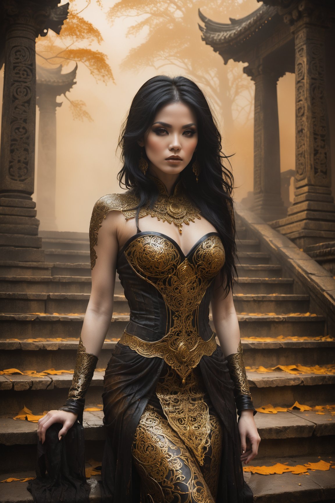 Hauntingly beautiful woman posed on weathered temple steps, shrouded in thick golden fog that morphs into eerie aura. Softly lit by warm orange-golden tones, her pale skin and black hair contrast against dark brown leather attire, complete with intricate filigree patterns. Dripping oil textures add a sense of decay to the scene. Her closed hands cradle her muscular figure, emphasizing its definition. The dramatic lighting casts stark catchlights and shadows, highlighting her haunting beauty amidst the desolate temple backdrop.