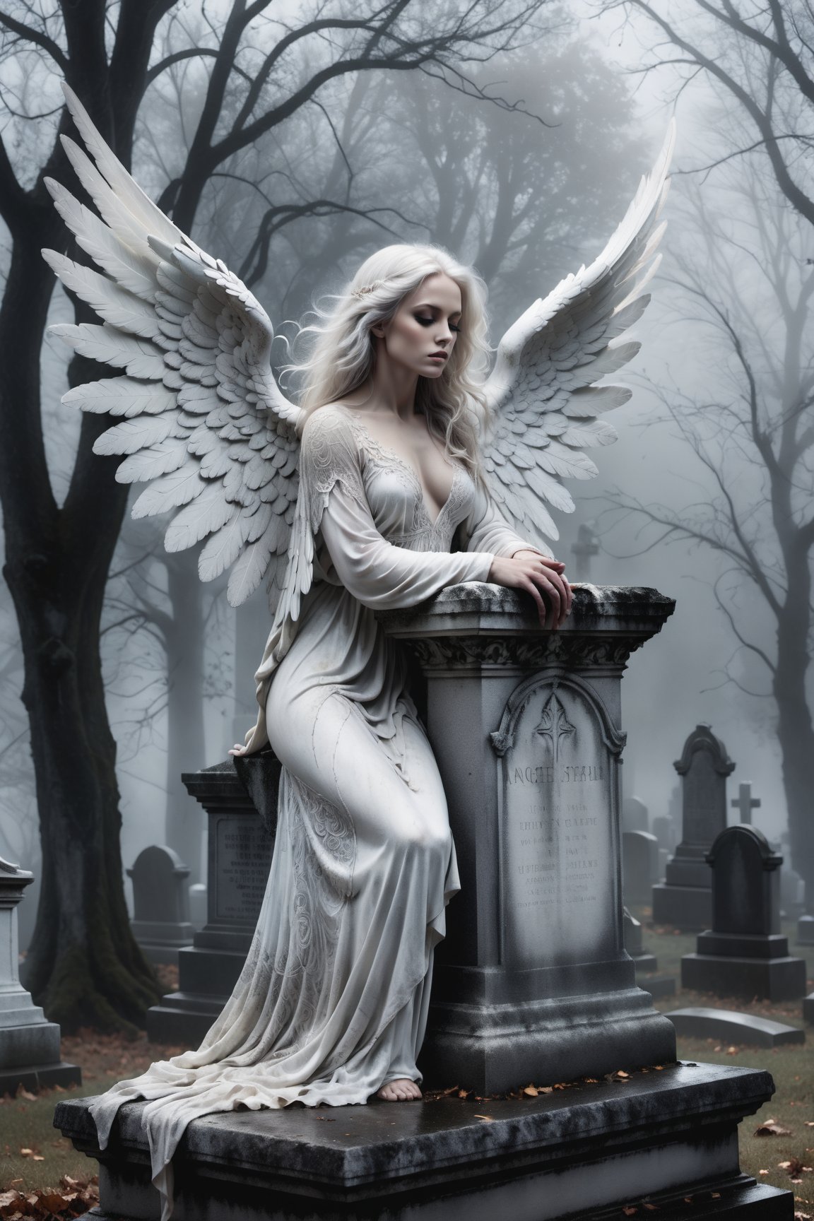 A hauntingly beautiful illustration: A White angel perches atop a weathered gravestone in a desolate cemetery, shrouded in thick fog that morphs into a ghostly aura. Dramatic lighting creates stark catchlights and shadows, highlighting the angel's pale skin, filigree, and Zentangle patterns, rendered in bold strokes against darkness. The angel's closed hands cradle her muscular figure, emphasizing muscular physique ,wearing a long White robe, Her White and black two-tone hair cascades down her back, framing a captivating close-up portrait.