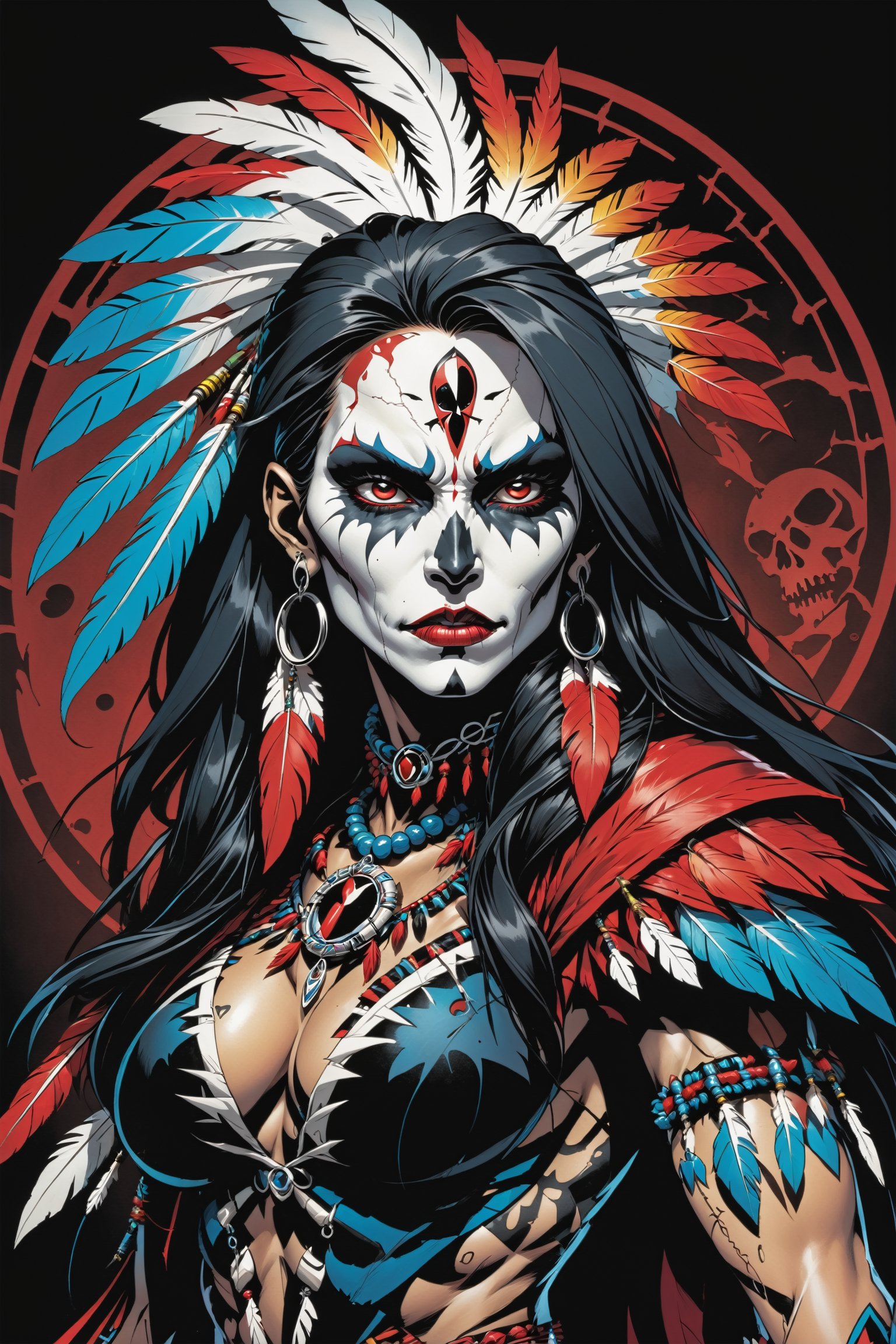 midshot, cel-shading style, centered image, ultra detailed illustration of the comic character ((female Spawn American Indian, by Todd McFarlane)), posing,  he has black  in traditional Indian attire with a skull emblem, (((Full Body))), (tetradic colors), inkpunk, ink lines, strong outlines, art by MSchiffer, bold traces, unframed, high contrast, cel-shaded, vector, 4k resolution, best quality, (chromatic aberration:1.8)