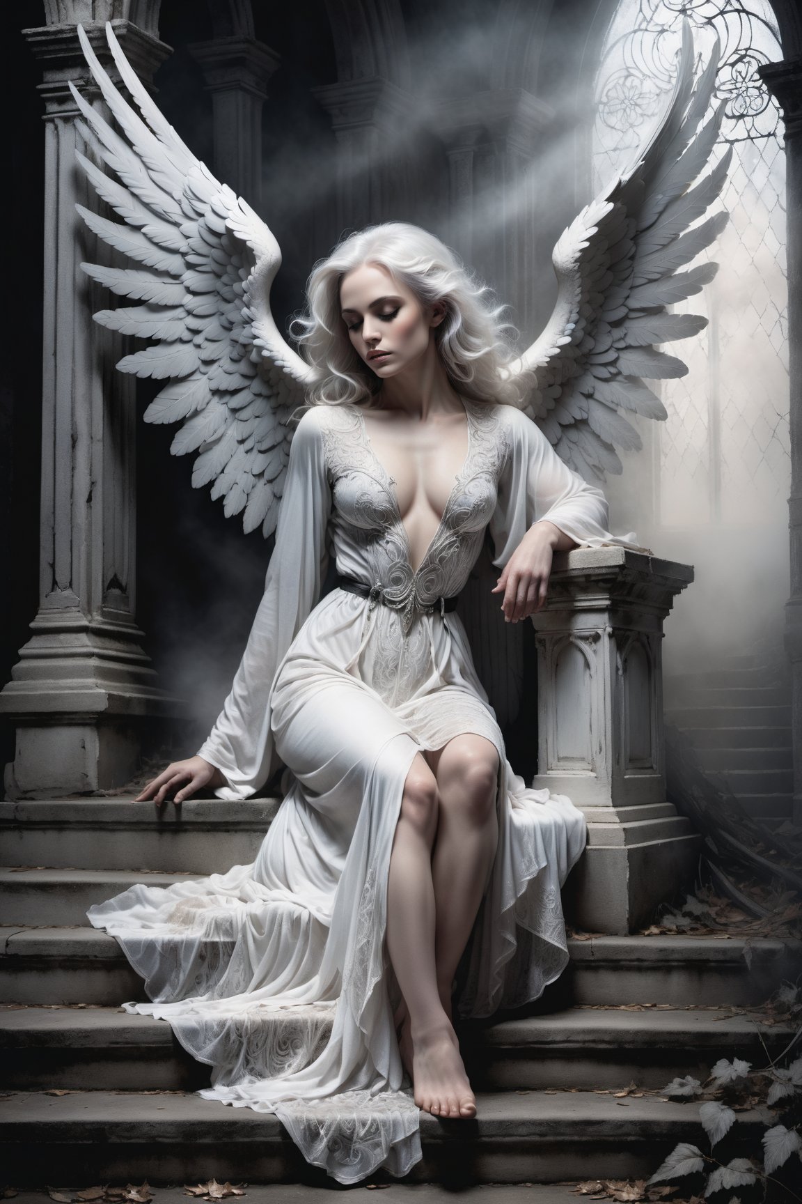 A hauntingly beautiful illustration: A White angel sits on the steps of a weathered desolate church, shrouded in thick fog that morphs into a ghostly aura. Dramatic lighting creates stark catchlights and shadows, highlighting the angel's pale skin, filigree, and Zentangle patterns, rendered in bold strokes against darkness. The angel's closed hands cradle her muscular figure, emphasizing muscular physique ,wearing a very modest long White robe, Her White and black two-tone hair cascades down her back, framing a captivating close-up portrait.