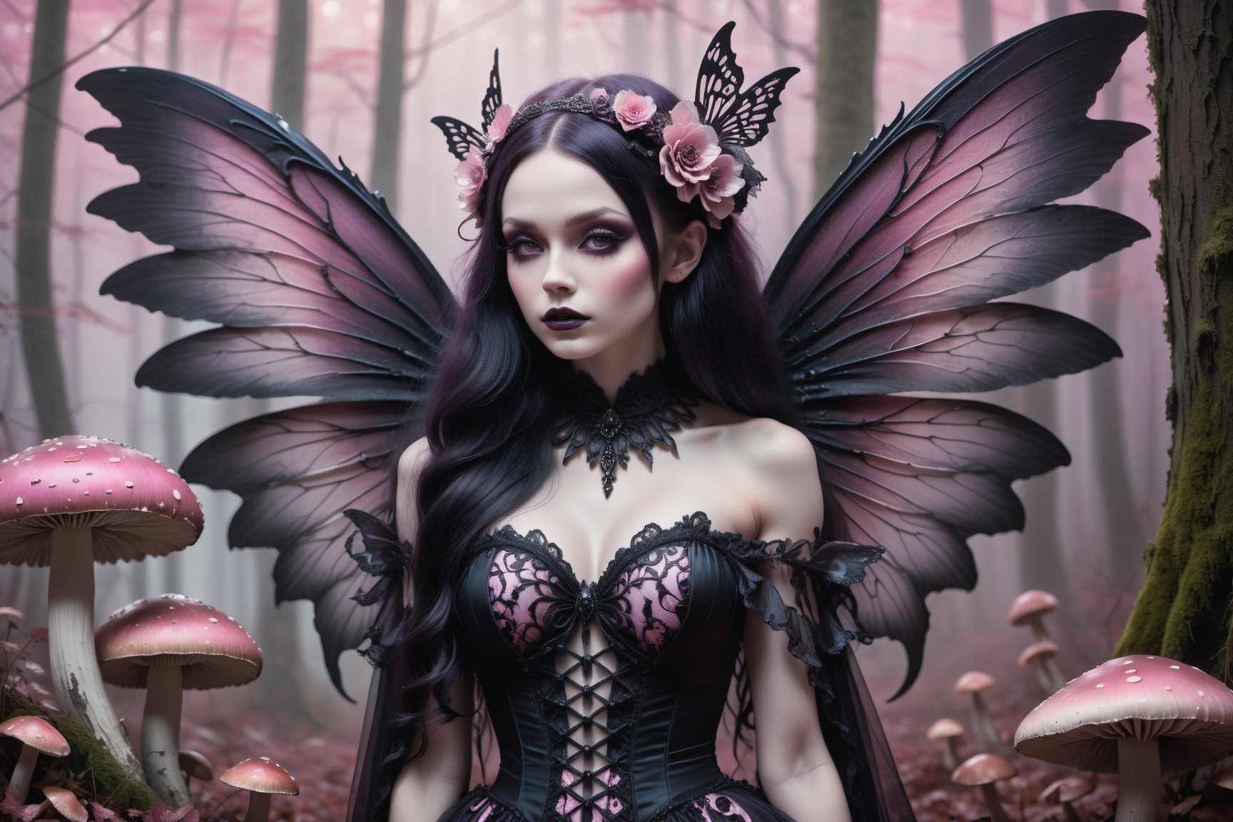 A hauntingly beautiful woman (((gothic fairy with Beautiful, detailed wings))) wearing Lacie victorian clothing (((standing beside giant mushrooms))), shrouded in thick pink-hued fog that morphs into an eerie aura. Her pale skin and  very, very long hair contrast against the dark Gothic dress,  with filigree and Zentangle patterns, punctuated by dripping oil textures. Her closed hands cradle her muscular figure, emphasizing her muscular physique, The dramatic lighting creates stark catchlights and shadows, highlighting her haunting beauty amidst A forest with mushrooms everywhere backdrop bathed in pink hues.