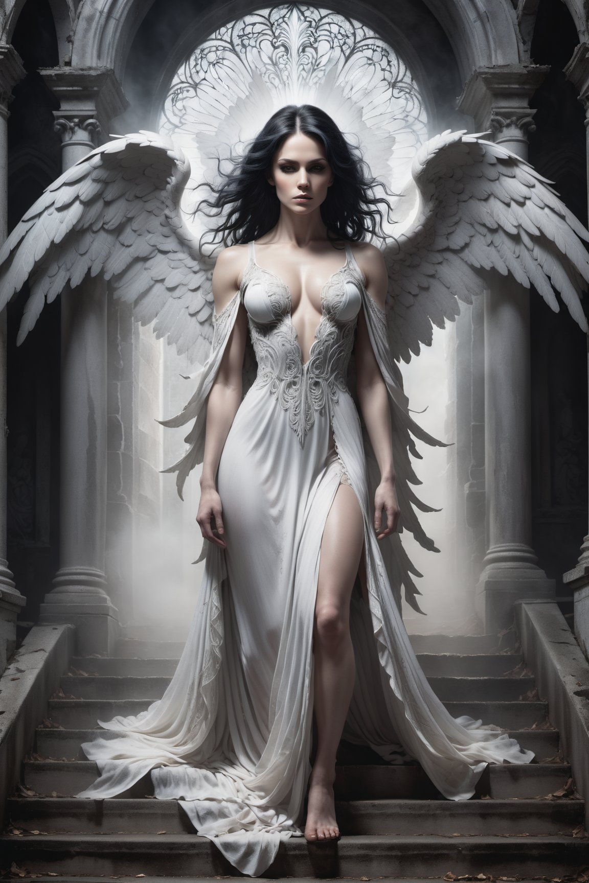 A hauntingly beautiful illustration: A White angel standing on the steps of a weathered desolate church, shrouded in thick fog that morphs into a ghostly aura. Dramatic lighting creates stark catchlights and shadows, highlighting the angel's pale skin, filigree, and Zentangle patterns, rendered in bold strokes against darkness. The angel's closed hands cradle her muscular figure, emphasizing muscular physique ,wearing a very modest long White robe, Her (((White and black two-tone hair))) cascades down her back, framing a captivating close-up portrait.