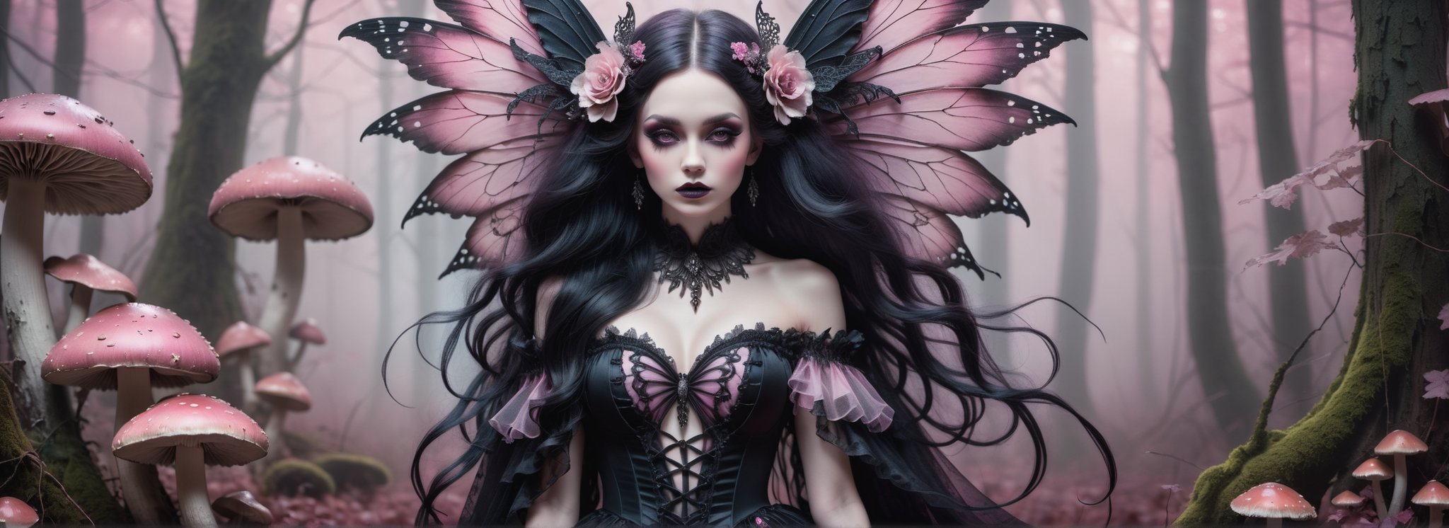 A hauntingly beautiful woman (((gothic fairy with Beautiful, detailed wings))) wearing Lacie victorian clothing (((standing beside giant mushrooms))), shrouded in thick pink-hued fog that morphs into an eerie aura. Her pale skin and  very, very long hair contrast against the dark Gothic dress,  with filigree and Zentangle patterns, punctuated by dripping oil textures. Her closed hands cradle her muscular figure, emphasizing her muscular physique, The dramatic lighting creates stark catchlights and shadows, highlighting her haunting beauty amidst A forest with mushrooms everywhere backdrop bathed in pink hues.