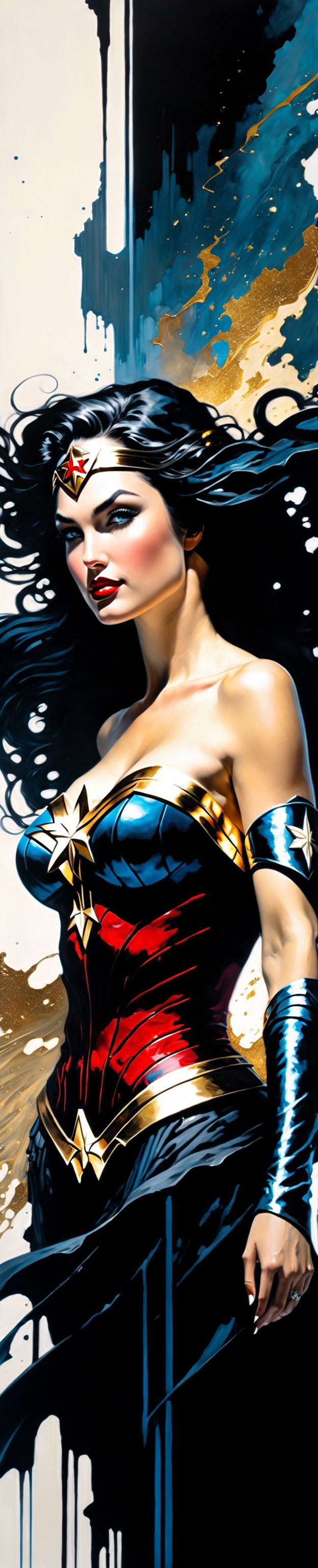 Ultra wide angle,  photorealistic medieval gothic shot of an exciting fusion between an angel and Wonder woman,  full body...
