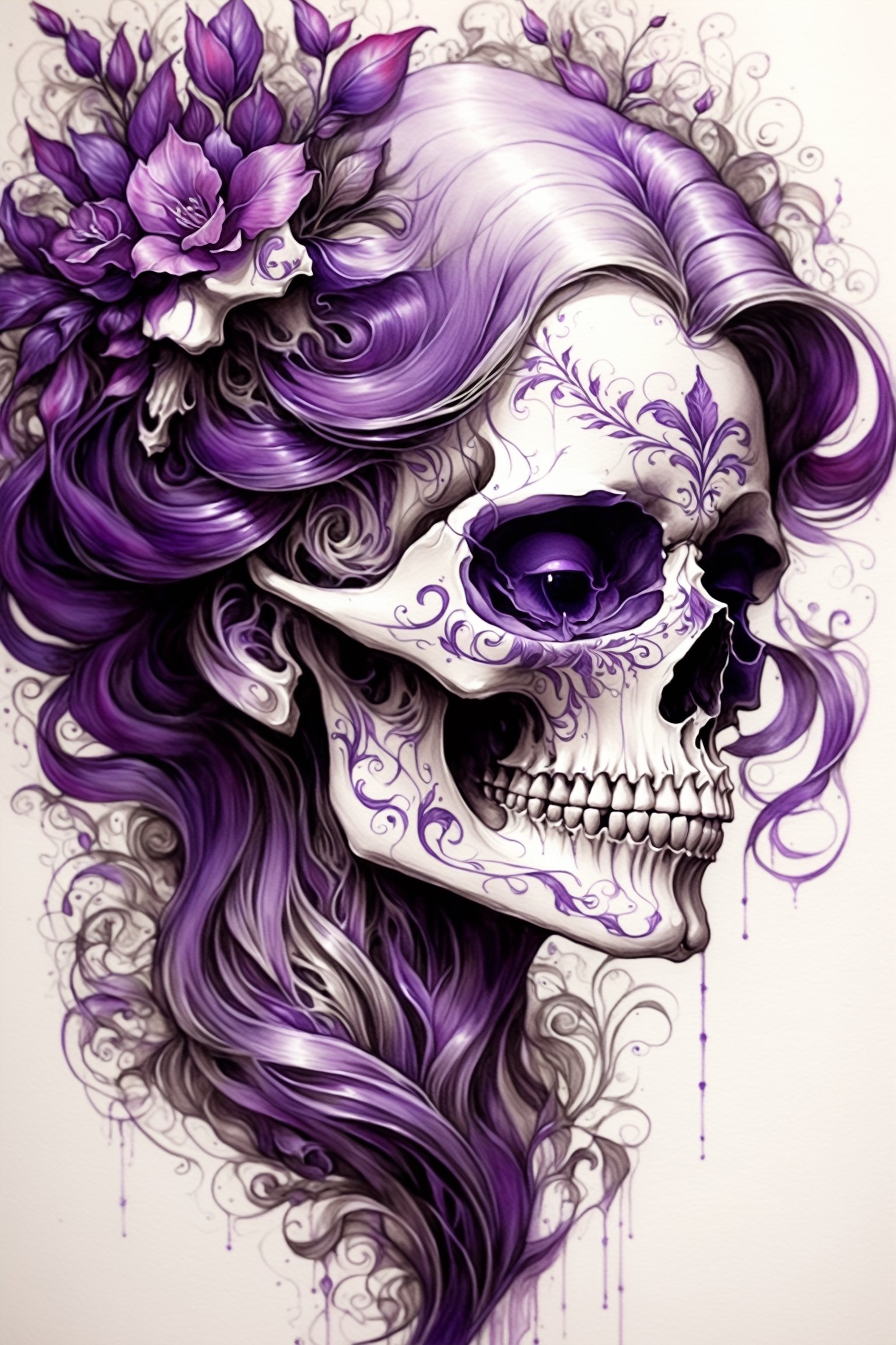 pencil Sketch of a beautiful purple ((skull)), portrait by Charles Miano, ink drawing, flowing intricate ink, designs, illustrative art, soft lighting, detailed, more Flowing rhythm, elegant, low contrast, add soft blur with thin line, full red lips, light lavender eyes, black clothes.