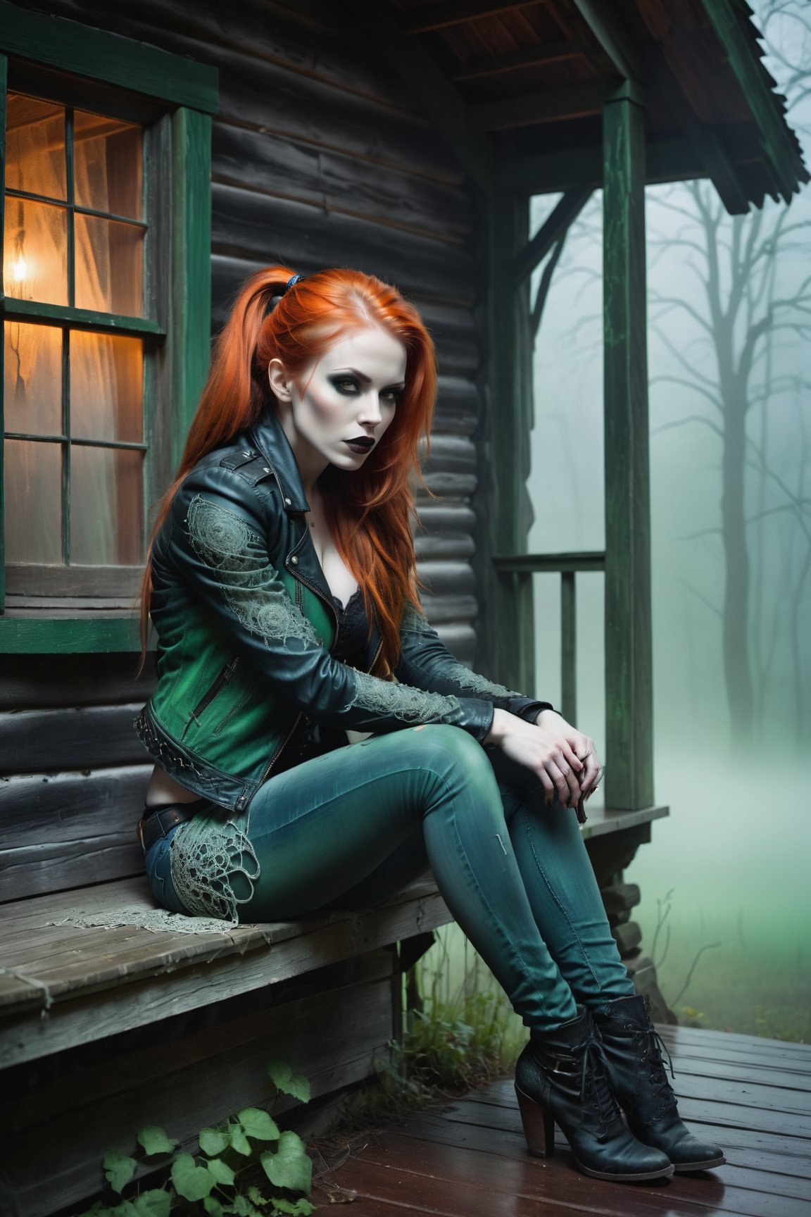 A hauntingly beautiful woman vampire ((sitting on the  on a porch of a old creepy cabin)), shrouded in thick Green-hued fog that morphs into an eerie aura. Her pale skin and Orange hair in a long, tall ponytail, contrast against the Blue jean pants, black leather jacket with filigree and Zentangle patterns, punctuated by dripping oil textures. Her closed hands cradle her curvy figure, emphasizing her very muscular physique, The dramatic lighting creates stark catchlights and shadows, highlighting her haunting beauty amidst a desolate cabin backdrop bathed in Green hues.