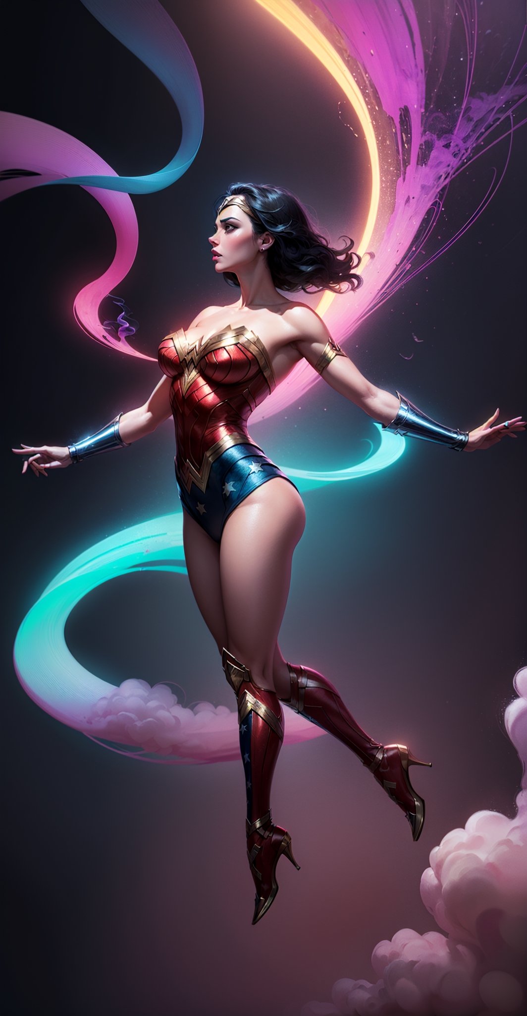 Wonder Woman (big tits),(( side view,)),((full body)),((floating in air)),masterpiece, best quality, ((abstract, psychedelic, neon, smoke, background)),(creative:1.3), sy3, SMM, fantasy00d