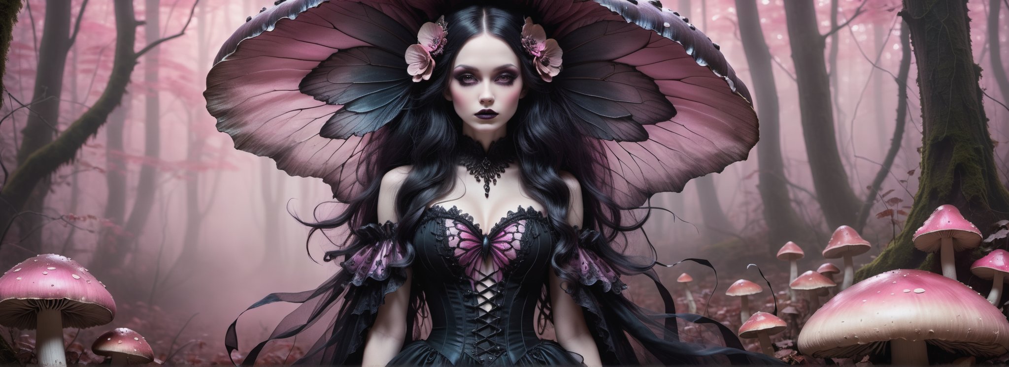 A hauntingly beautiful woman (((gothic fairy with Beautiful, detailed wings))) wearing Lacie victorian clothing (((standing beside giant mushrooms))), shrouded in thick pink-hued fog that morphs into an eerie aura. Her pale skin and  very, very long hair contrast against the dark Gothic dress,  with filigree and Zentangle patterns, punctuated by dripping oil textures. Her closed hands cradle her muscular figure, emphasizing her muscular physique, The dramatic lighting creates stark catchlights and shadows, highlighting her haunting beauty amidst A forest with mushrooms everywhere backdrop bathed in pink hues.