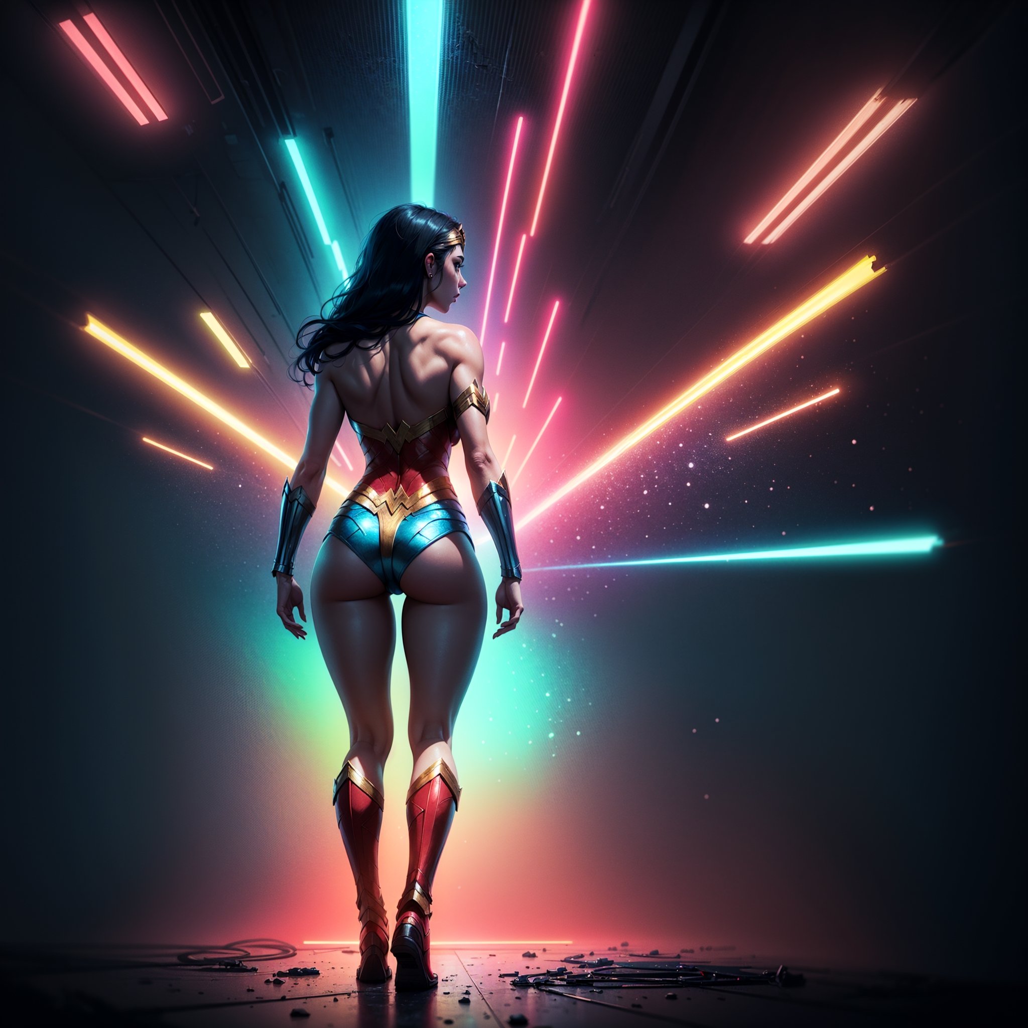 Wonder Woman (big tits),(( view from behind)), ((full body)),masterpiece, best quality, ((abstract, psychedelic, neon, background)),(creative:1.3), sy3, SMM, fantasy00d