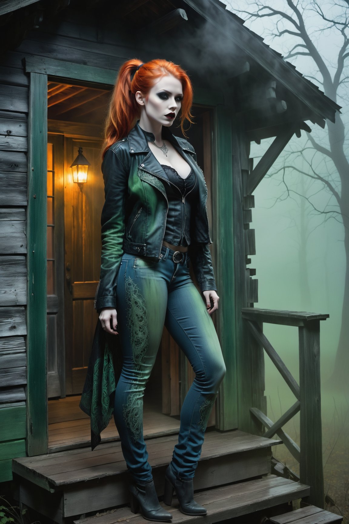 A hauntingly beautiful woman vampire ((standing on a porch of a old creepy cabin)), shrouded in thick Green-hued fog that morphs into an eerie aura. Her pale skin and Orange hair in a long, tall ponytail, contrast against the Blue jean pants, black leather jacket with filigree and Zentangle patterns, punctuated by dripping oil textures. Her closed hands cradle her curvy figure, emphasizing her muscular physique, The dramatic lighting creates stark catchlights and shadows, highlighting her haunting beauty amidst a desolate cabin backdrop bathed in Green hues.