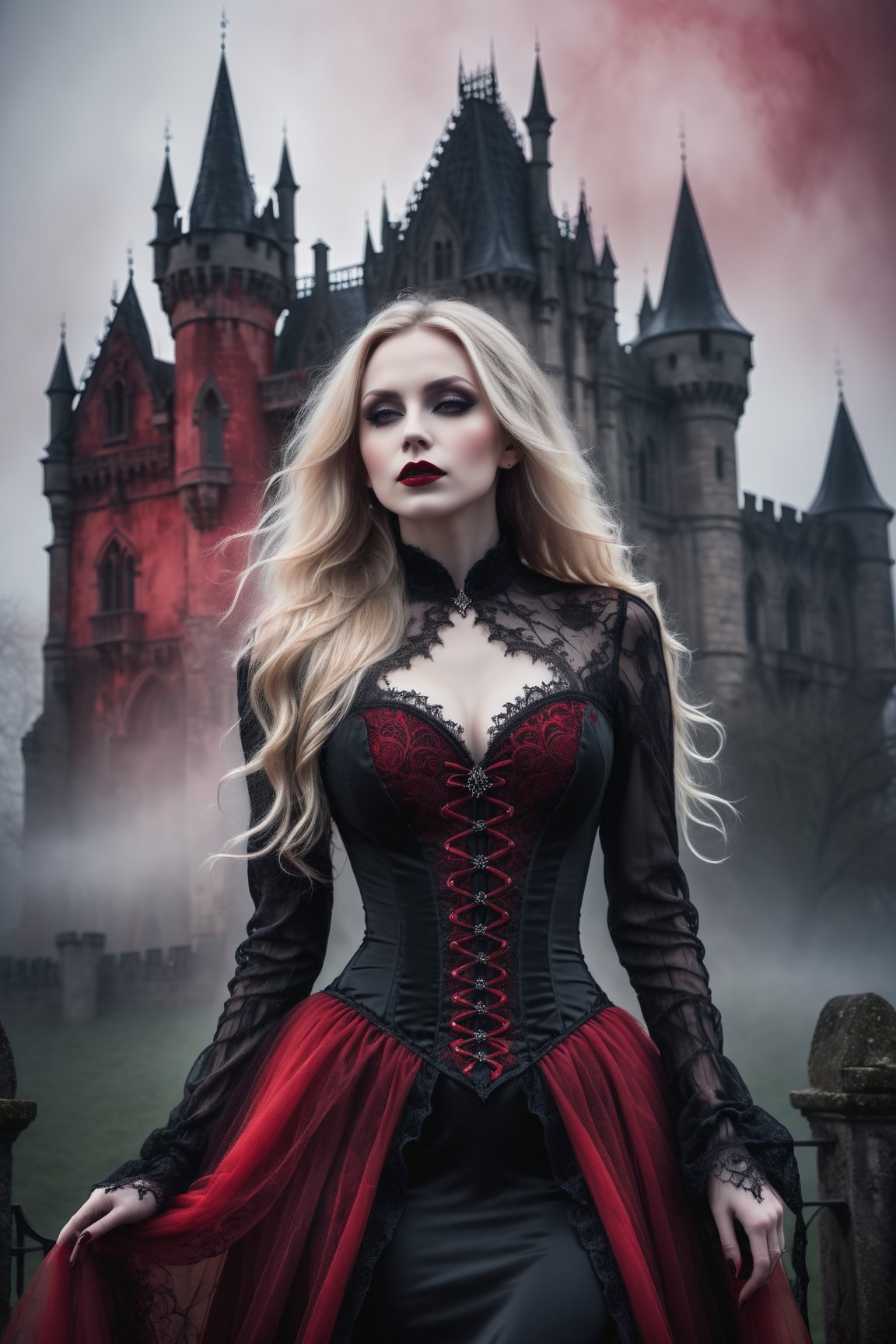 A hauntingly beautiful woman vampire standing in front of a weathered gothic Castle, shrouded in thick red -hued fog that morphs into an eerie aura. Her pale skin and blonde very, very long hair contrast against the dark Black lacie gothic dress,  with filigree and Zentangle patterns, punctuated by dripping oil textures. Her closed hands cradle her curvy figure, emphasizing her  muscular physique, The dramatic lighting creates stark catchlights and shadows, highlighting her haunting beauty amidst a desolate gothic Castle backdrop bathed in red hues.