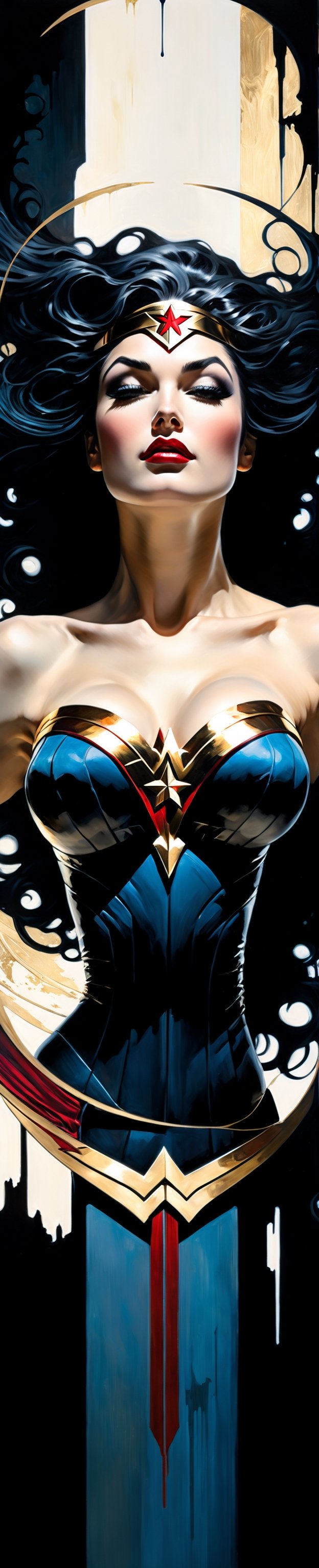 Ultra wide angle,  photorealistic medieval gothic shot of an exciting fusion between an angel and Wonder woman,  full body...
