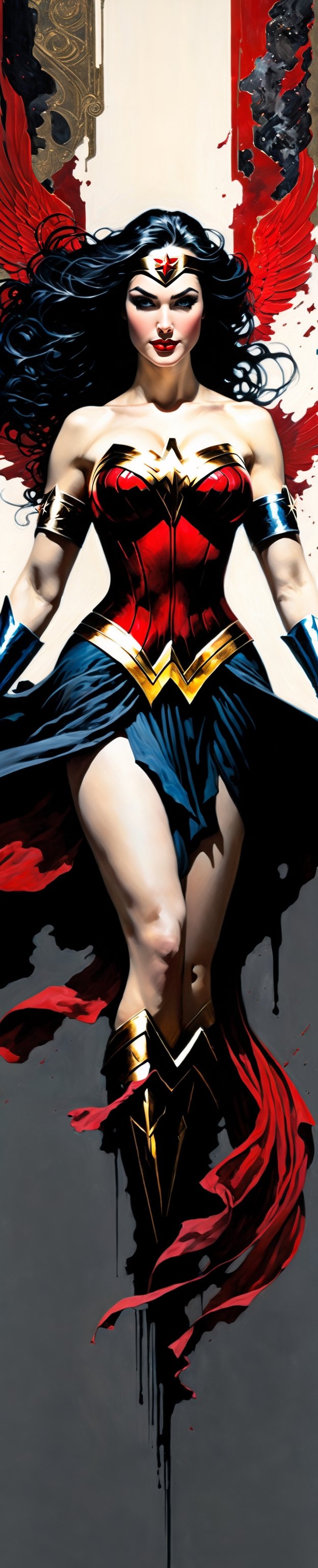 Ultra wide angle,  photorealistic medieval gothic shot of an exciting fusion between an angel and Wonder woman,  full body...