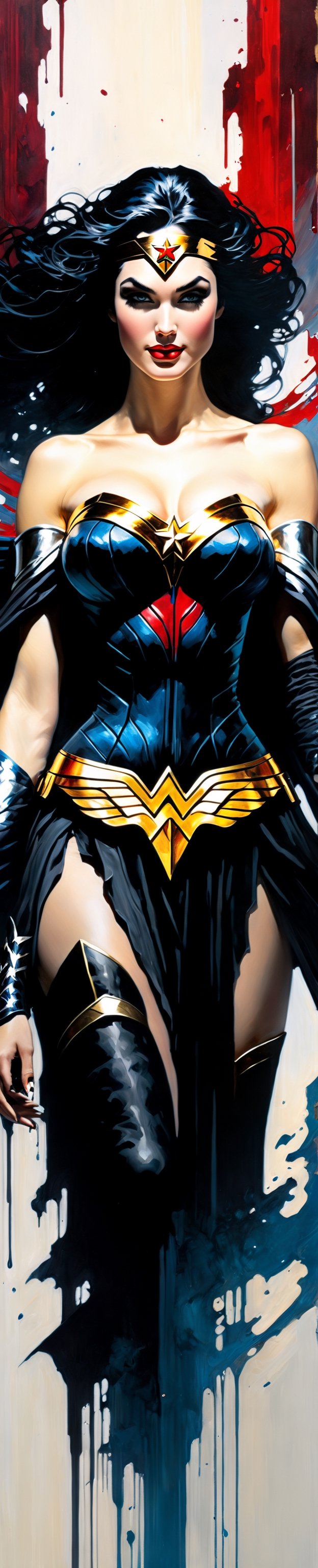Ultra wide angle,  photorealistic medieval gothic shot of an exciting fusion between an angel and Wonder woman,  full body...
