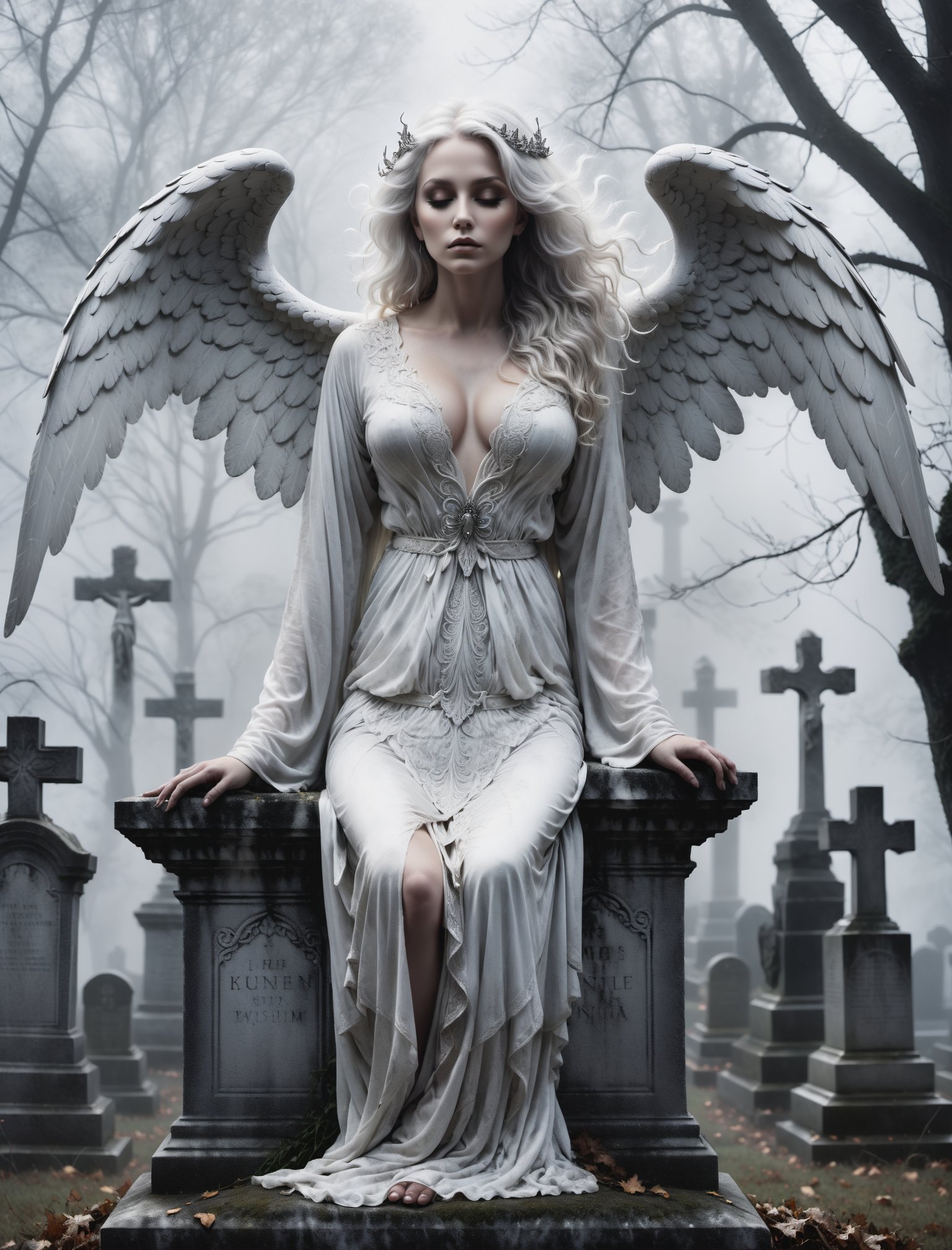 A hauntingly beautiful illustration: A White angel perches atop a weathered gravestone in a desolate cemetery, shrouded in thick fog that morphs into a ghostly aura. Dramatic lighting creates stark catchlights and shadows, highlighting the angel's pale skin, filigree, and Zentangle patterns, rendered in bold strokes against darkness. The angel's closed hands cradle her curvy figure, emphasizing her muscular physique. wearing a long White robe, Her White and black two-tone hair cascades down her back, framing a captivating close-up portrait.