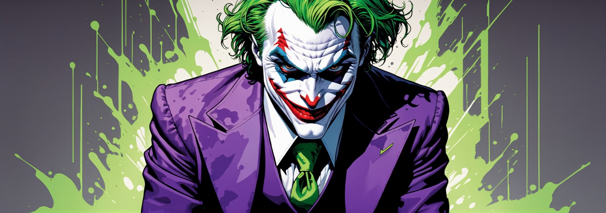 midshot, cel-shading style, centered image, ultra detailed illustration of The Joker, posing, ((Full Body)), (tetradic colors), ((inkpunk)), ((ink lines)), strong outlines, art by MSchiffer, bold traces, unframed, high contrast, cel-shaded, 4k resolution, best quality, (chromatic aberration:1.8)