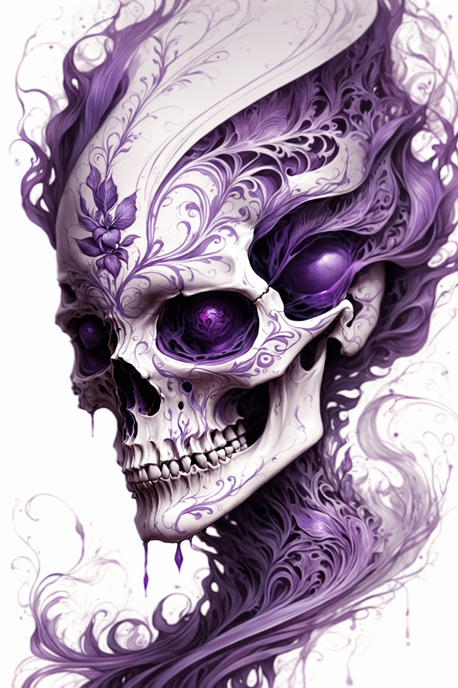 pencil Sketch of a beautiful purple ((skull)), portrait by Charles Miano, ink drawing, flowing intricate ink, designs, illustrative art, soft lighting, detailed, more Flowing rhythm, elegant, low contrast, add soft blur with thin line, full red lips, light lavender eyes, black clothes.