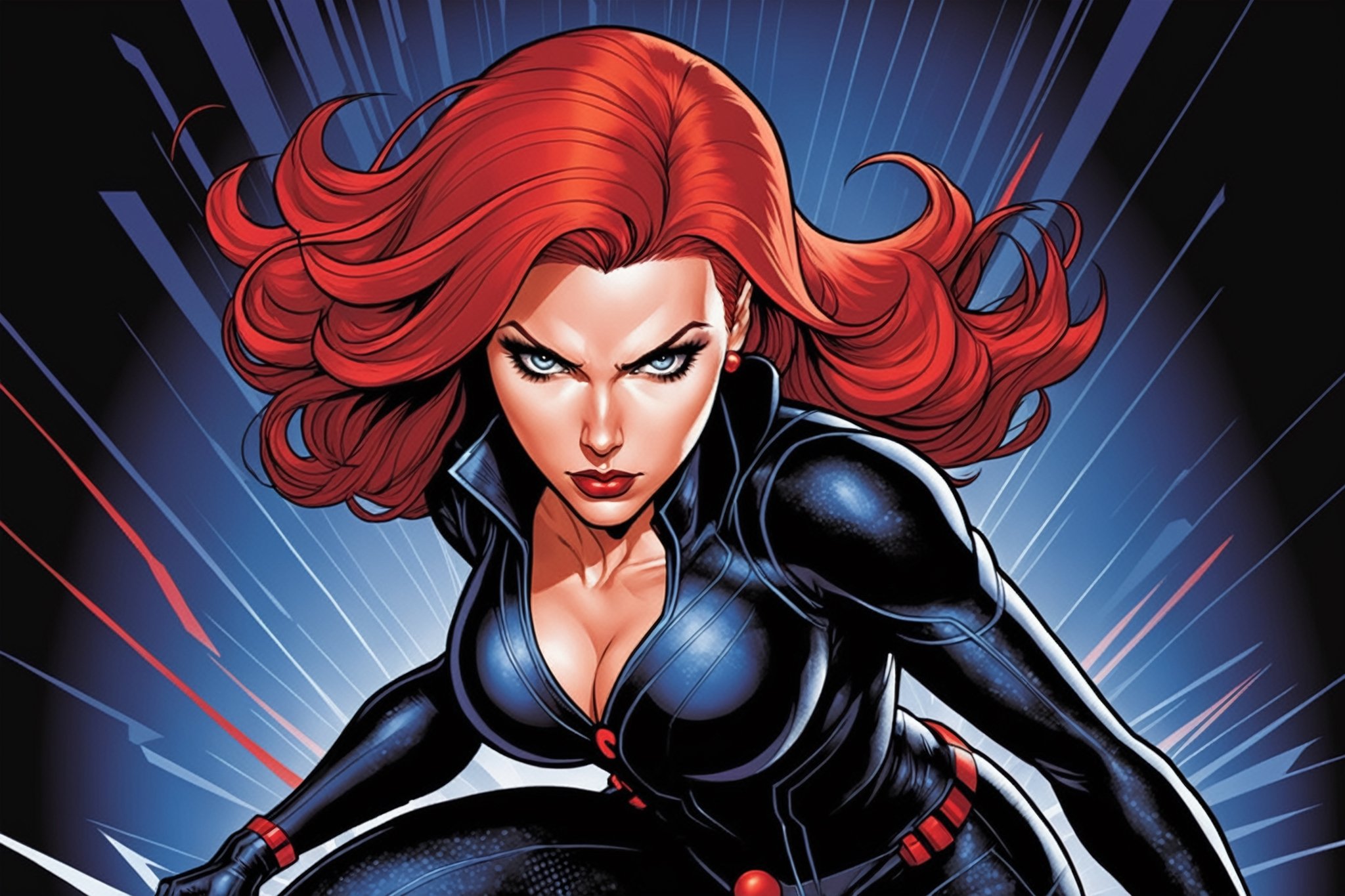 midshot, cel-shading style, centered image, ultra detailed illustration of Black widow, the comic character, posing, (tetradic colors), inkpunk, ink lines, strong outlines, art by MSchiffer, bold traces, unframed, high contrast, cel-shaded, vector, 32k resolution, best quality, (chromatic aberration:1.8)