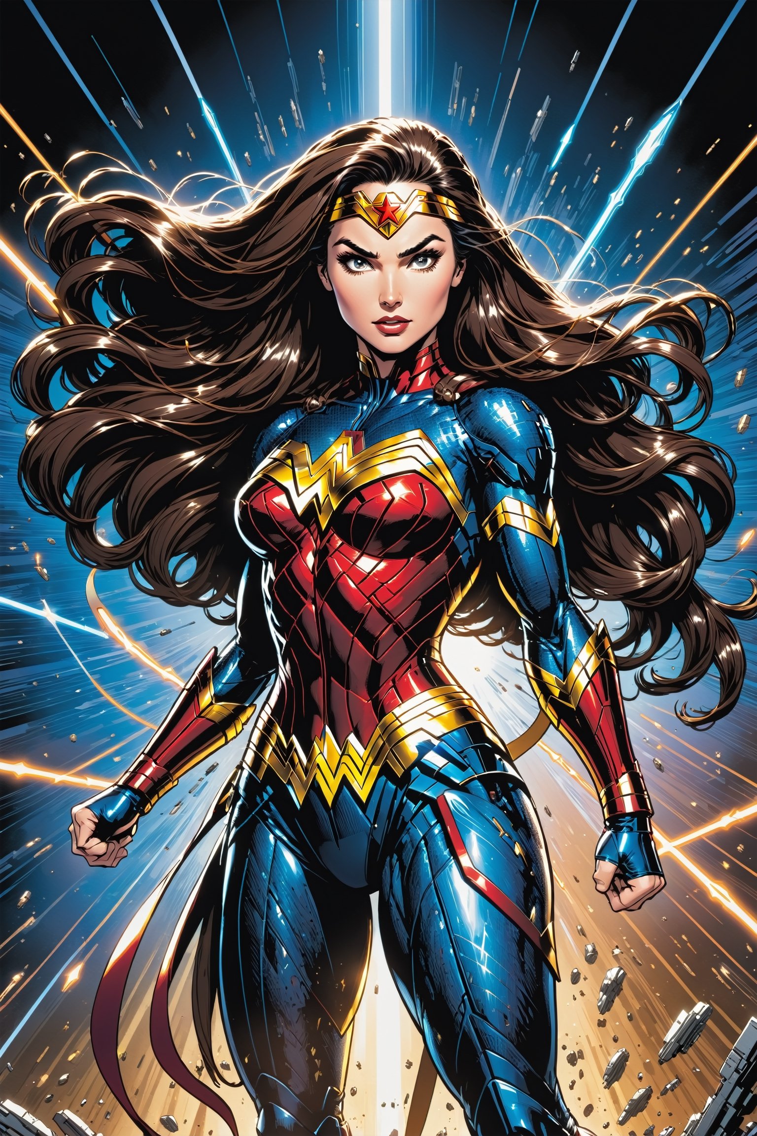 Midshot of blend of a female Spawn and Wonder Woman,  centered in a cel-shading style illustration,  ultra detailed and me...
