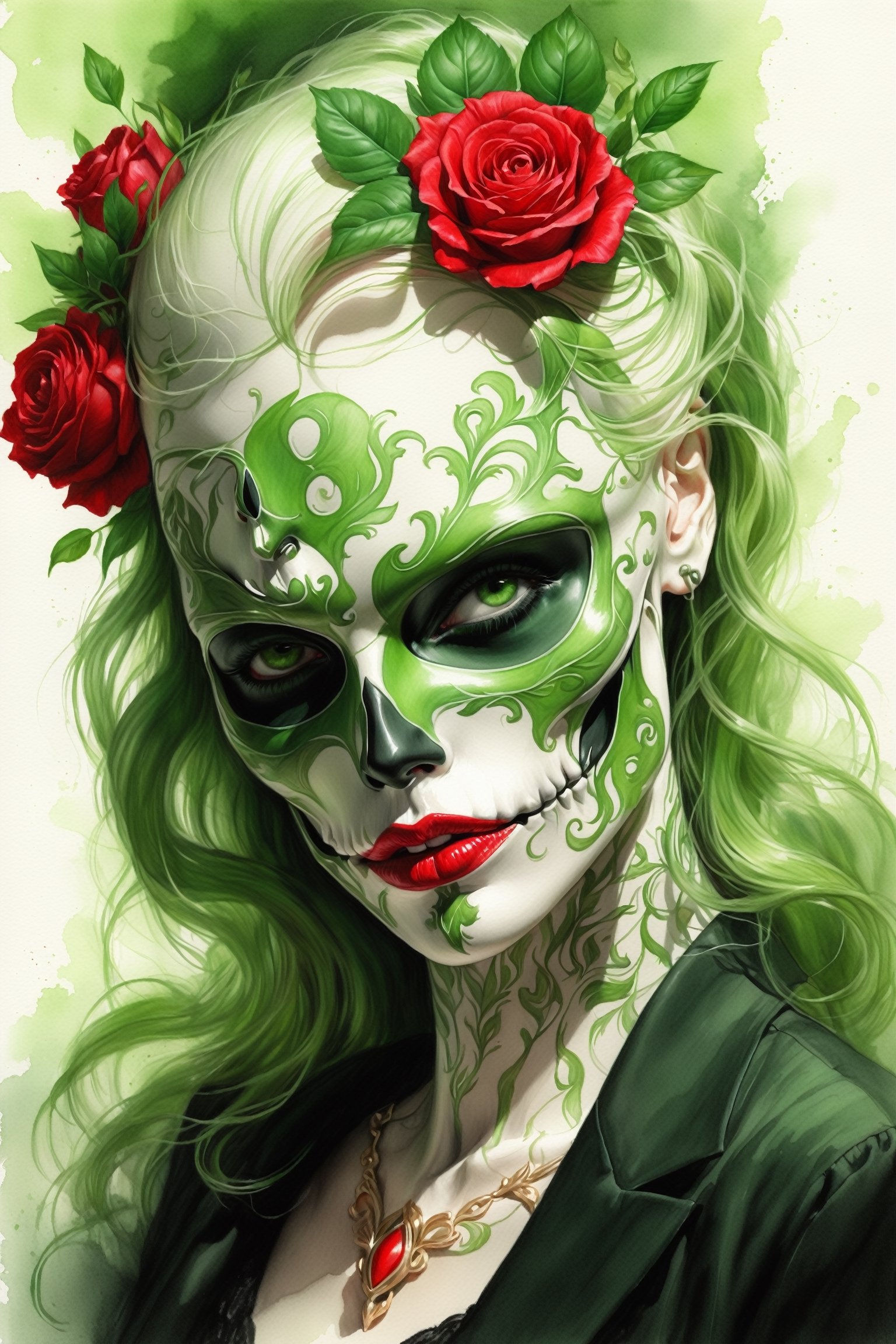 pencil Sketch of a beautiful green ((skull)), portrait by Charles Miano, ink drawing, illustrative art, soft lighting, detailed, more Flowing rhythm, elegant, low contrast, add soft blur with thin line, full red lips, green eyes, black clothes.