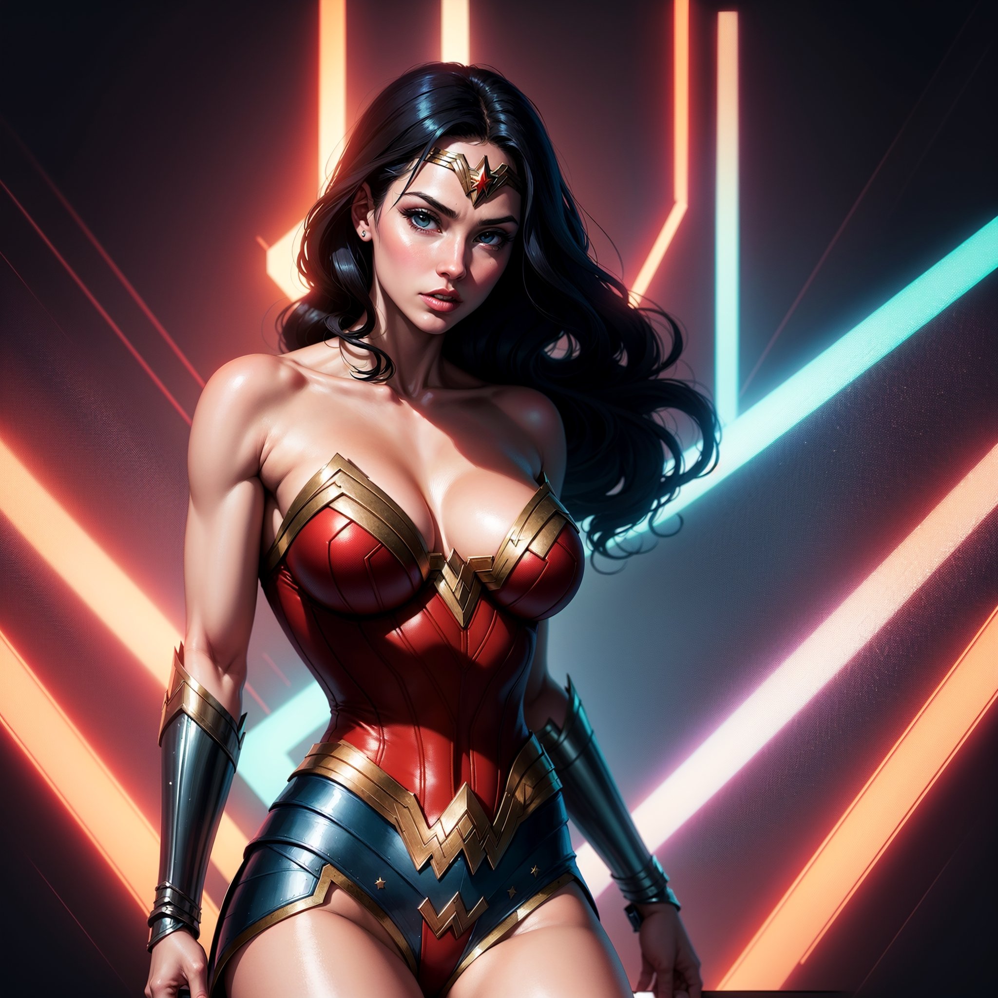 Wonder Woman (big tits) masterpiece, best quality, ((abstract, psychedelic, neon, background)),(creative:1.3), sy3, SMM, fantasy00d