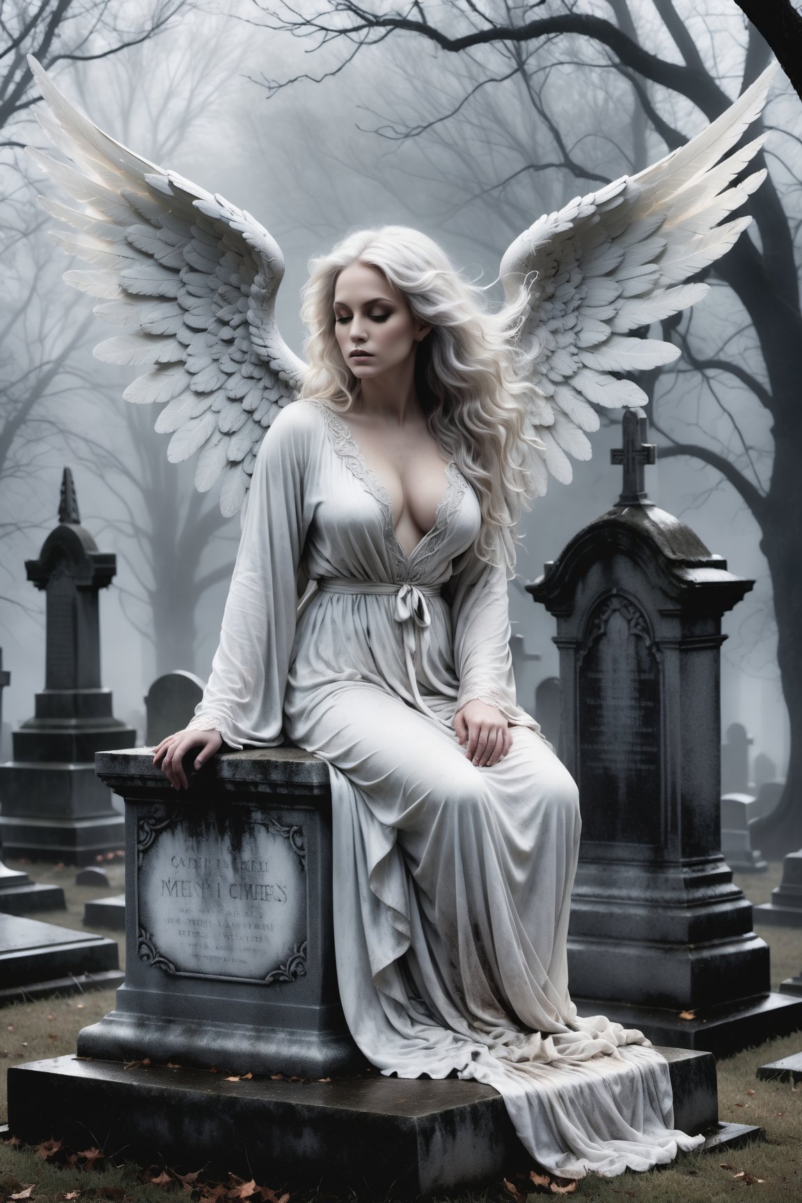 A hauntingly beautiful illustration: A White angel perches atop a weathered gravestone in a desolate cemetery, shrouded in thick fog that morphs into a ghostly aura. Dramatic lighting creates stark catchlights and shadows, highlighting the angel's pale skin, filigree, and Zentangle patterns, rendered in bold strokes against darkness. The angel's closed hands cradle her curvy figure, emphasizing her muscular physique. wearing a long White robe, Her White and black two-tone hair cascades down her back, framing a captivating close-up portrait.