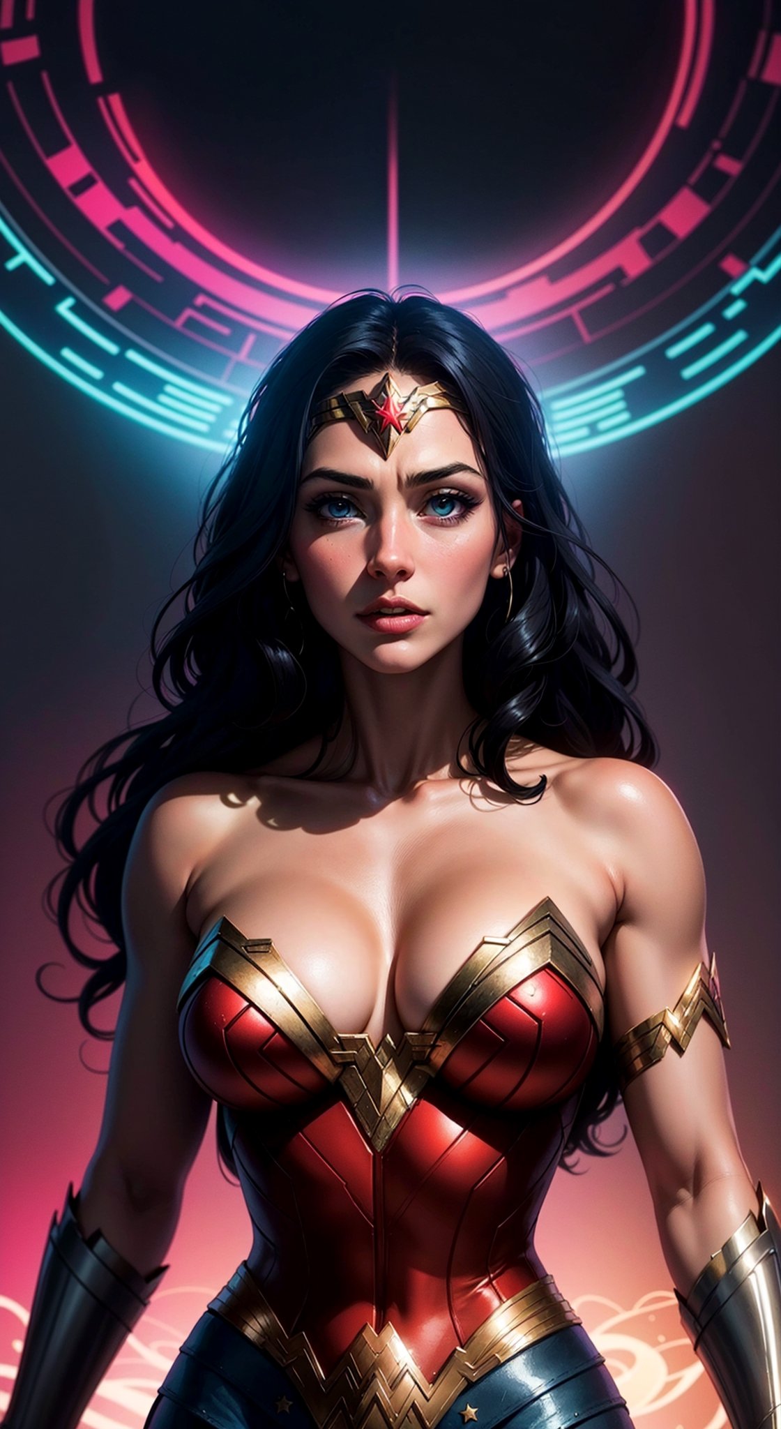 Wonder Woman (big tits) masterpiece, best quality, ((abstract, psychedelic, neon, background)),(creative:1.3), sy3, SMM, fantasy00d