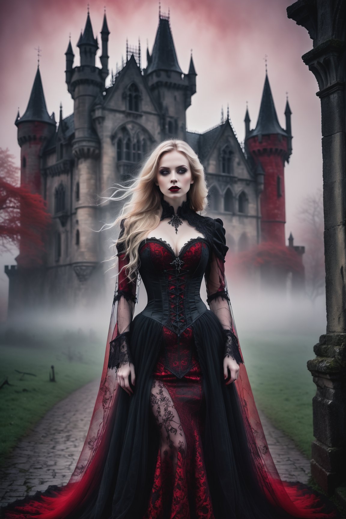 A hauntingly beautiful woman vampire standing in front of a weathered gothic Castle, shrouded in thick red -hued fog that morphs into an eerie aura. Her pale skin and blonde very, very long hair contrast against the dark Black lacie gothic dress,  with filigree and Zentangle patterns, punctuated by dripping oil textures. Her closed hands cradle her curvy figure, emphasizing her  muscular physique, The dramatic lighting creates stark catchlights and shadows, highlighting her haunting beauty amidst a desolate gothic Castle backdrop bathed in red hues.