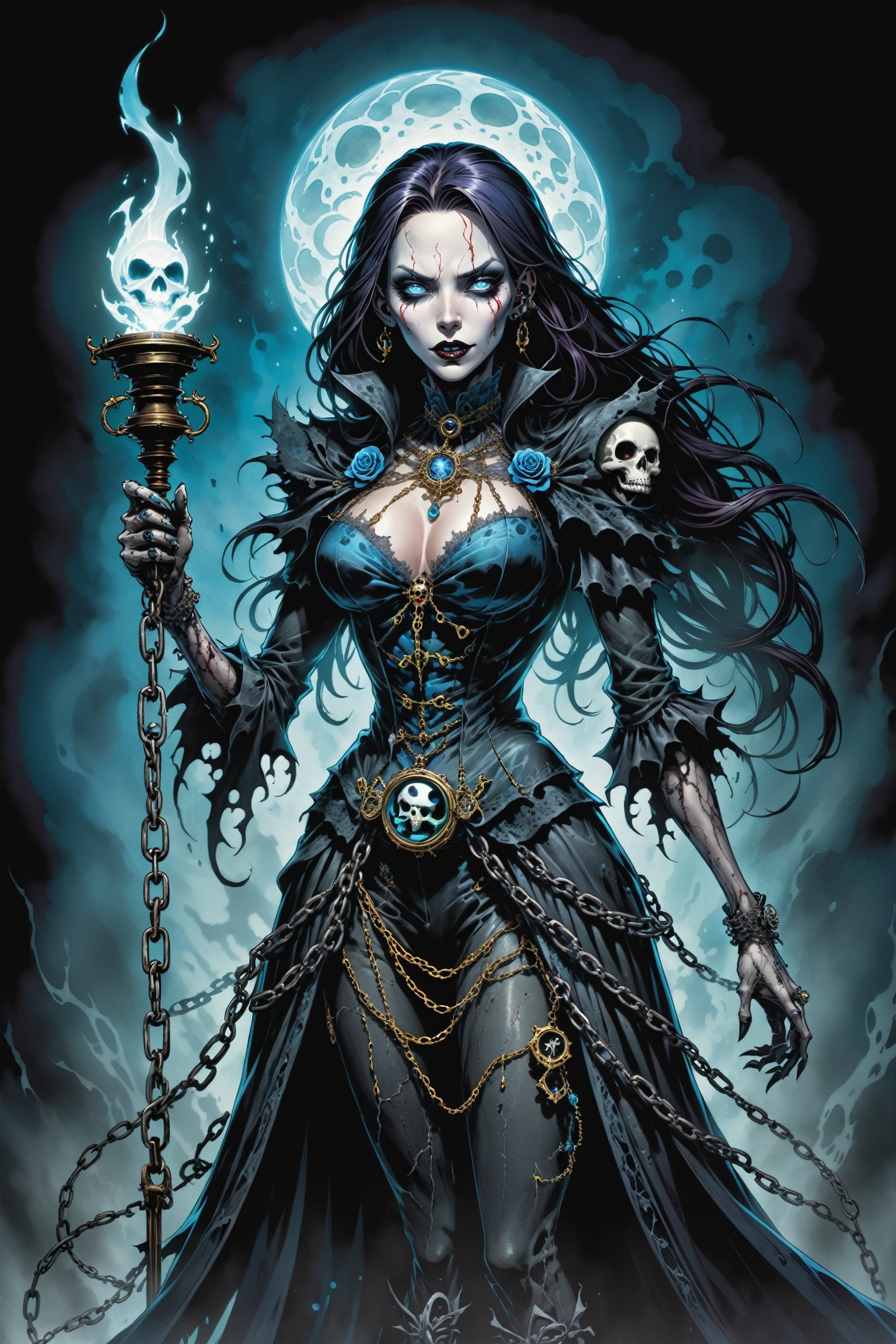 midshot, cel-shading style, centered image, ultra detailed illustration of the comic character ((female Spawn Victorian horror theme, a character of a spectral figure known as the "Haunted Harbinger", a ghostly apparition of a long-dead aristocrat, wears a tattered once-opulent suit adorned with decayed medals and frayed lace, translucent skin glows with an ethereal blue light,  eyes are empty sockets that emit a ghostly mist, chains hang from its wrists and ankles dragging along the ground with a haunting clatter, twisted face in eternal agony, carries a spectral lantern that casts an eerie flickering light by, Todd McFarlane)), posing,  with a skull emblem, ((holding a spear)), (((Full Body))),(((perfect hands))), (((accurate hands))), (((realistic hands))), (tetradic colors), inkpunk, ink lines, strong outlines, art by MSchiffer, bold traces, unframed, high contrast, cel-shaded, vector, 4k resolution, best quality, (chromatic aberration:1.8)