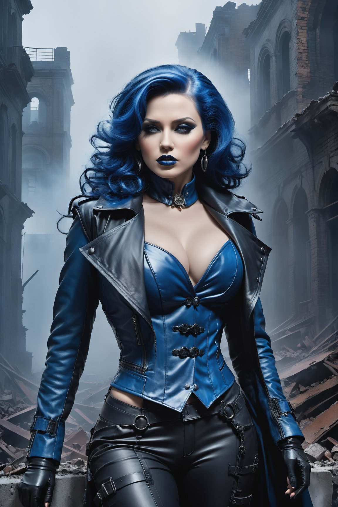 A ravishing dieselpunk femme fatale stands amidst the ruins of a forsaken metropolis,  shrouded in a thick veil of blue-hu...