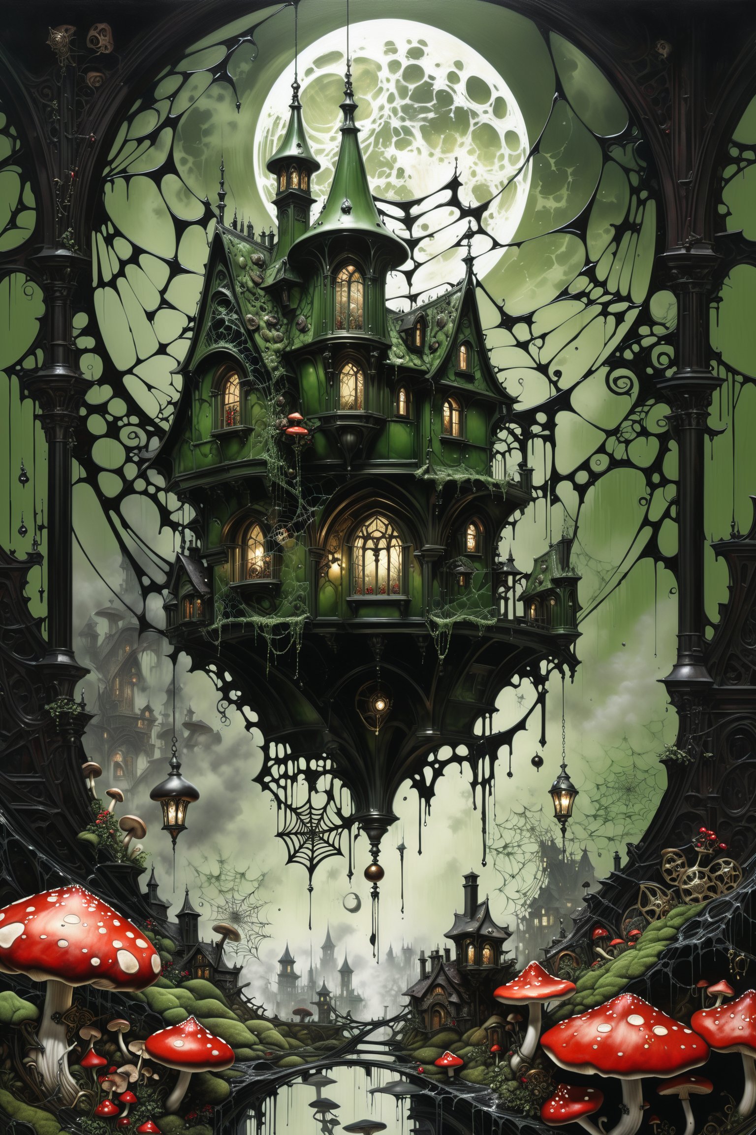 Ultra-wide-angle, photorealistic medieval gothic steam punk shot of an exciting fusion between Spawn and (((A creepy house, spiderweb and a large mushrooms hanging over the house))) in a new character that embodies elements of both, (((spiderwebs))), silver mechanical gears in the background, people, see. Black and Olive green, light, green and red, ink Flow - 8k Resolution Photorealistic Masterpiece - by Aaron Horkey and Jeremy Mann - Intricately Detailed. fluid gouache painting: by Jean Baptiste Mongue: calligraphy: acrylic: colorful watercolor, cinematic lighting, maximalist photoillustration: by marton bobzert: 8k resolution concept art, intricately detailed realism, complex, elegant, expansive, fantastical and psychedelic, dripping paint , in the chasm of the empire estate, night, the moon, buildings, reflections, wings, and other elements need to stay in frame,(isolate object)