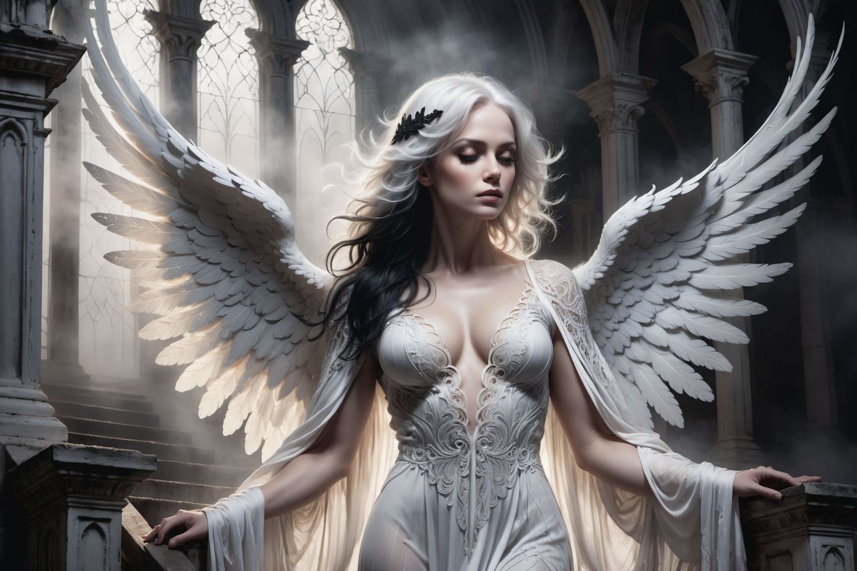 A hauntingly beautiful illustration: A White angel standing on the steps of a weathered desolate church, shrouded in thick fog that morphs into a ghostly aura. Dramatic lighting creates stark catchlights and shadows, highlighting the angel's pale skin, filigree, and Zentangle patterns, rendered in bold strokes against darkness. The angel's closed hands cradle her muscular figure, emphasizing muscular physique ,wearing a very modest long White robe, Her (((White and black two-tone hair))) cascades down her back, framing a captivating close-up portrait.