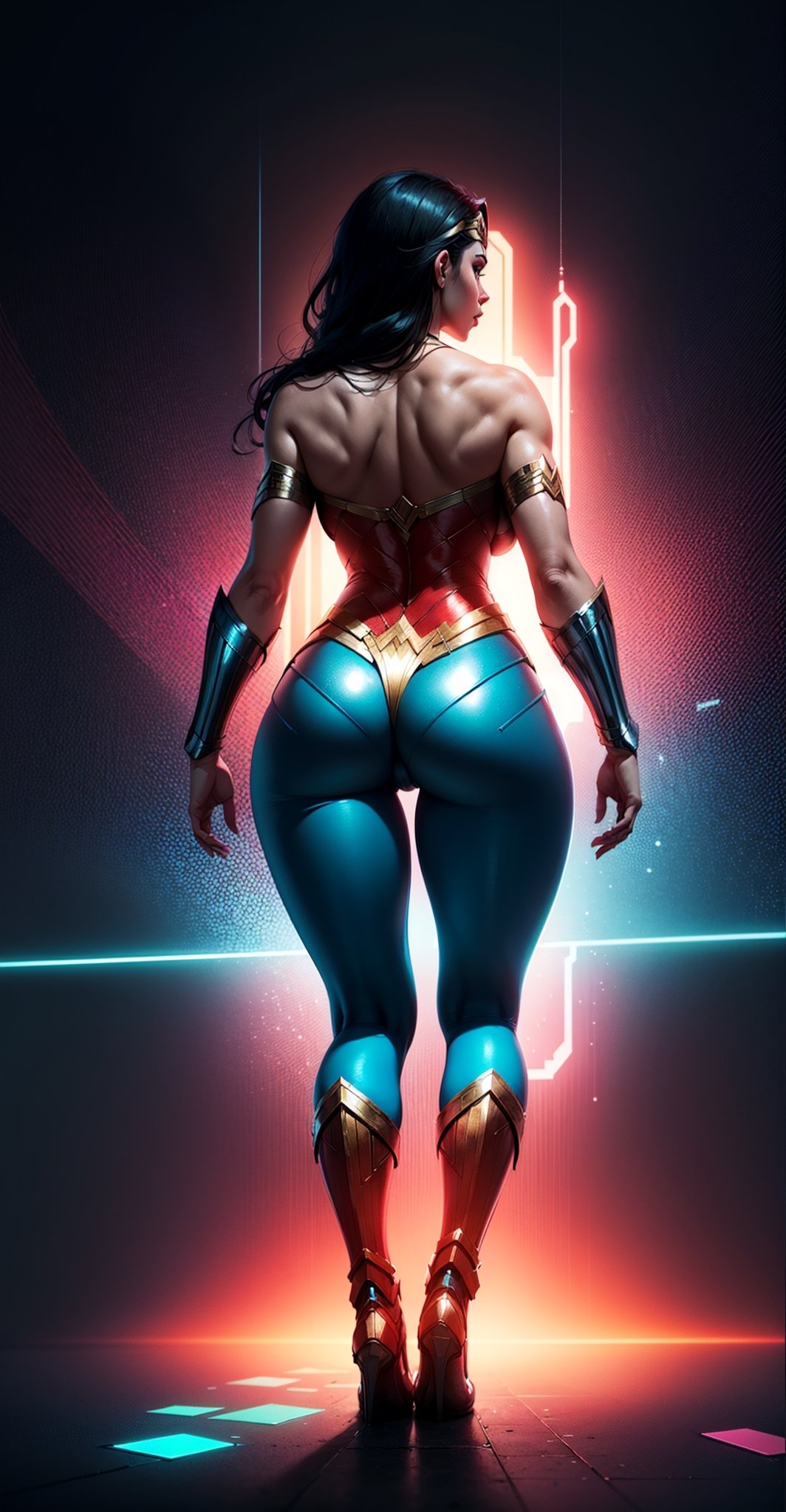 Wonder Woman (big tits),(( view from behind)), ((full body)),masterpiece, best quality, ((abstract, psychedelic, neon, background)),(creative:1.3), sy3, SMM, fantasy00d