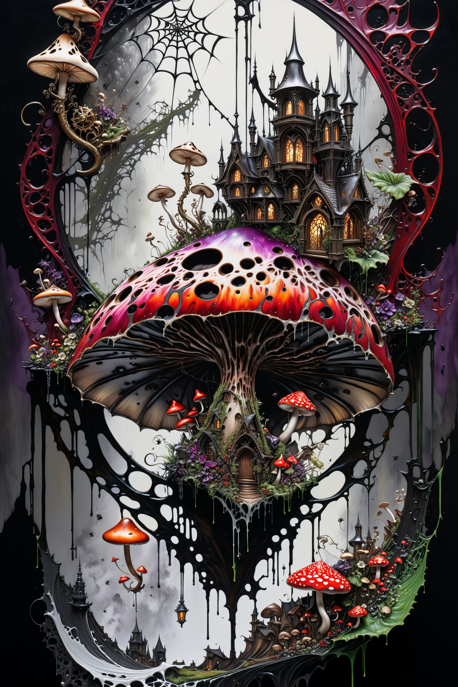 Ultra-wide-angle, photorealistic medieval gothic steam punk shot of an exciting fusion between Spawn and ((A spiderweb and a mushroom)) in a new character that embodies elements of both, (((spiderwebs))), silver mechanical gears in the background, people, see. Black and multi colored, ink Flow - 8k Resolution Photorealistic Masterpiece - by Aaron Horkey and Jeremy Mann - Intricately Detailed. fluid gouache painting: by Jean Baptiste Mongue: calligraphy: acrylic: colorful watercolor, cinematic lighting, maximalist photoillustration: by marton bobzert: 8k resolution concept art, intricately detailed realism, complex, elegant, expansive, fantastical and psychedelic, dripping paint , in the chasm of the empire estate, night, the moon, buildings, reflections, wings, and other elements need to stay in frame,(isolate object)